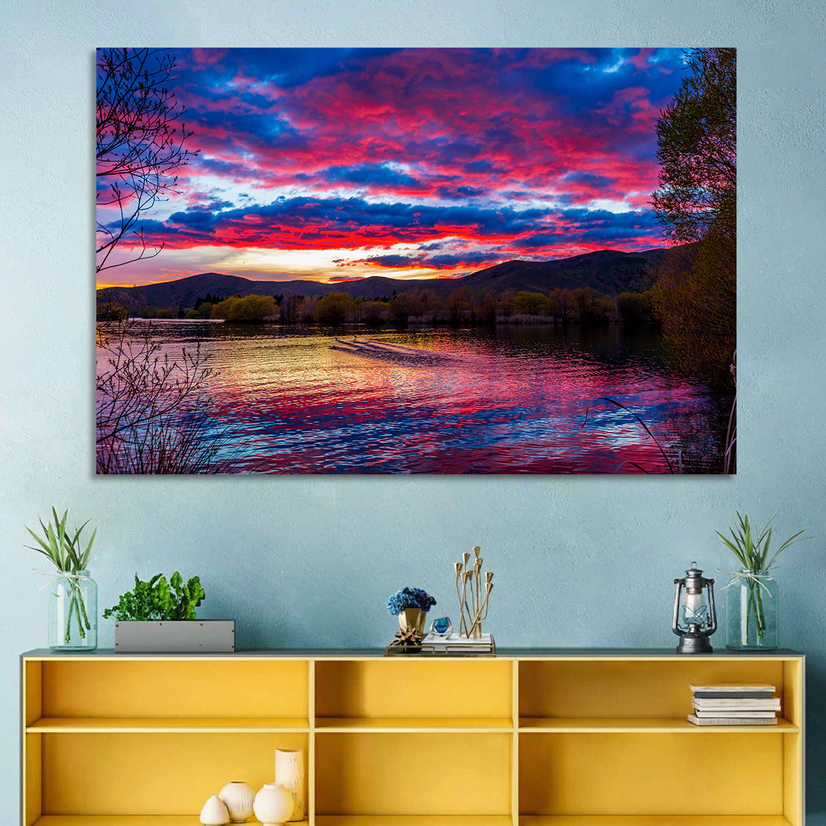 Lake Wairepo Arm Sunrise Reflection Wall Art in a room, landscape
