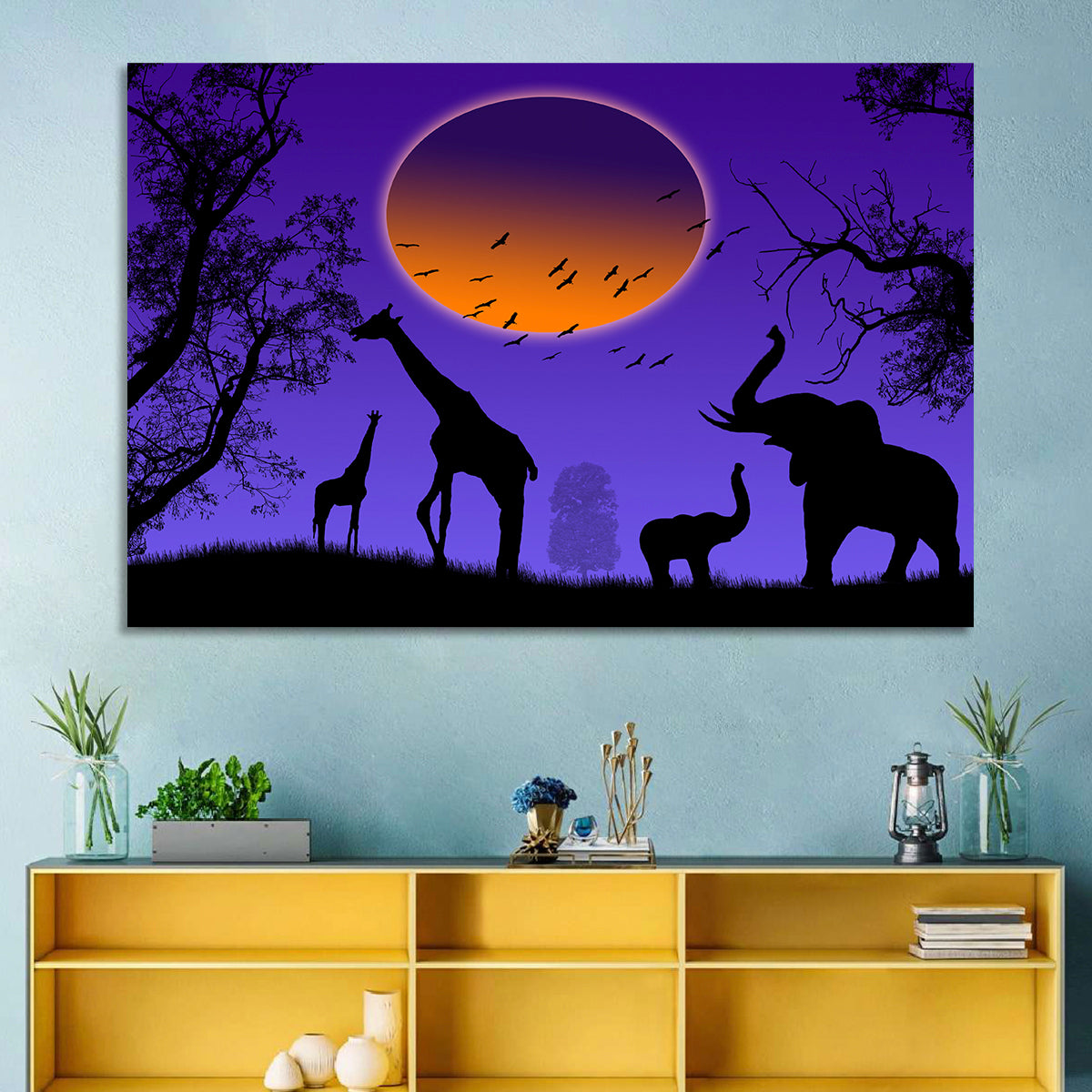 Sunset Savannah Silhouette Wall Art in a room, landscape