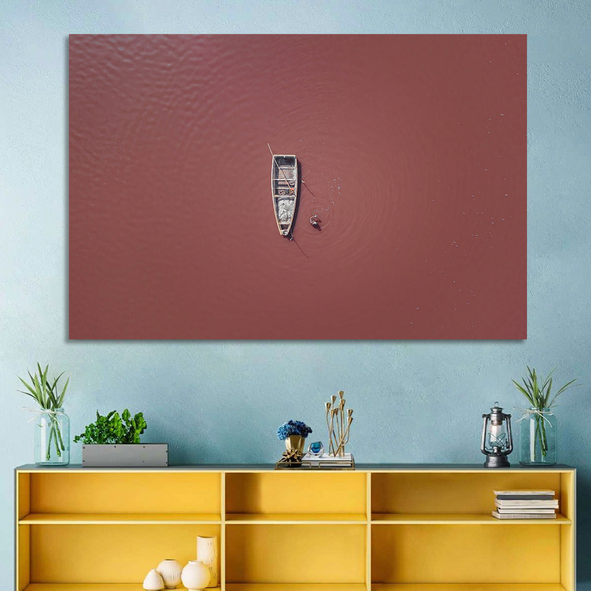 Lake Retba Aerial with Boat Wall Art in a room, landscape