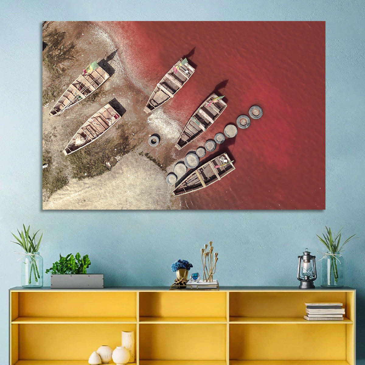 Wooden Boats on Lake Retba Wall Art in a room, landscape