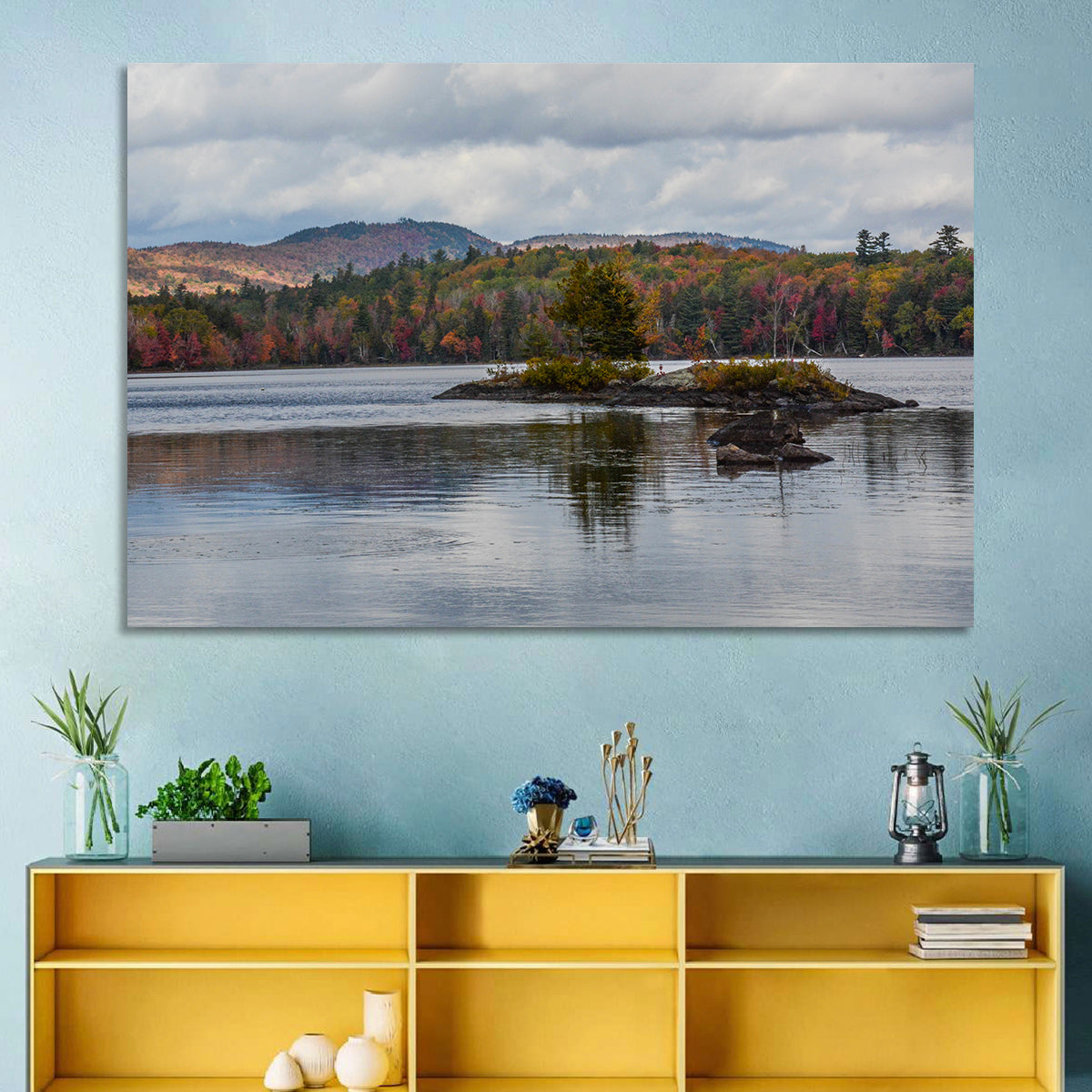 Lake Umbagog Autumn Reflection Wall Art in a room, landscape