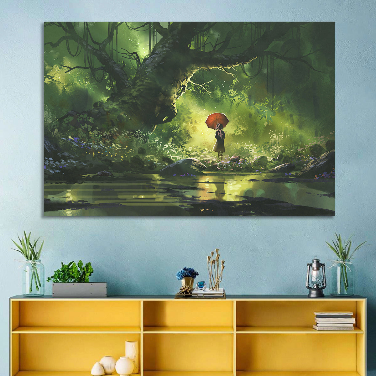 Girl with Umbrella in Mysterious Forest Wall Art in a room, landscape