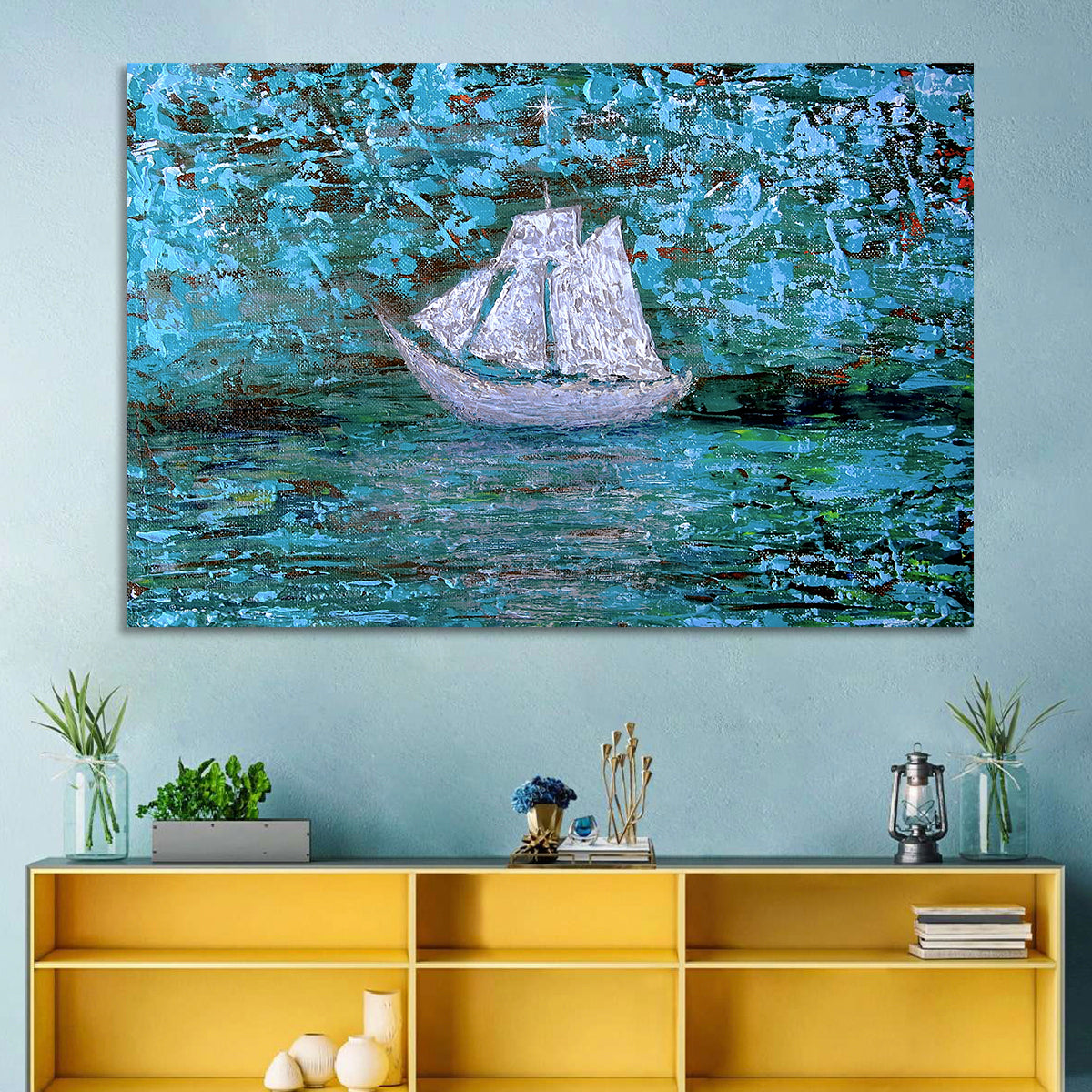 White Sailboat Reflection Wall Art in a room, landscape