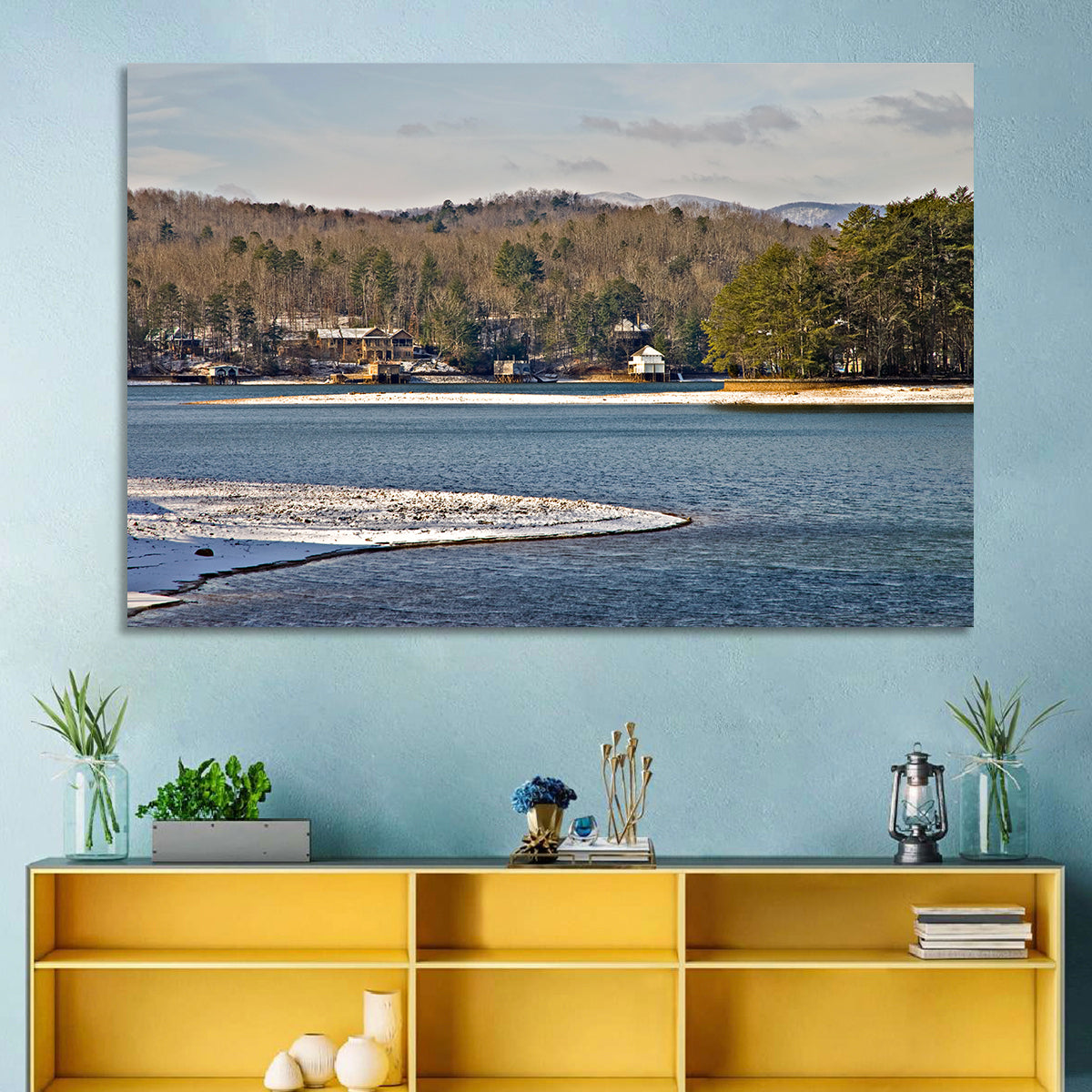 Lake Burton Winter Shoreline Wall Art in a room, landscape