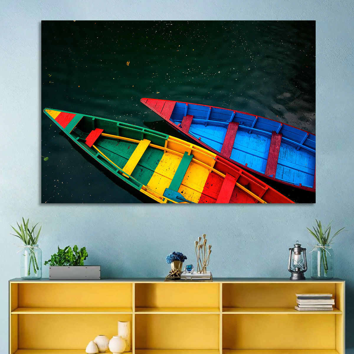 Two Colorful Boats Over Rippling Water Wall Art