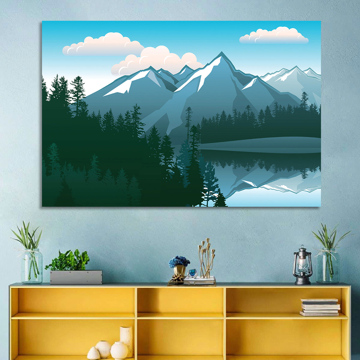 Tranquil Mountain Lake Illustration Wall Art in a room, landscape