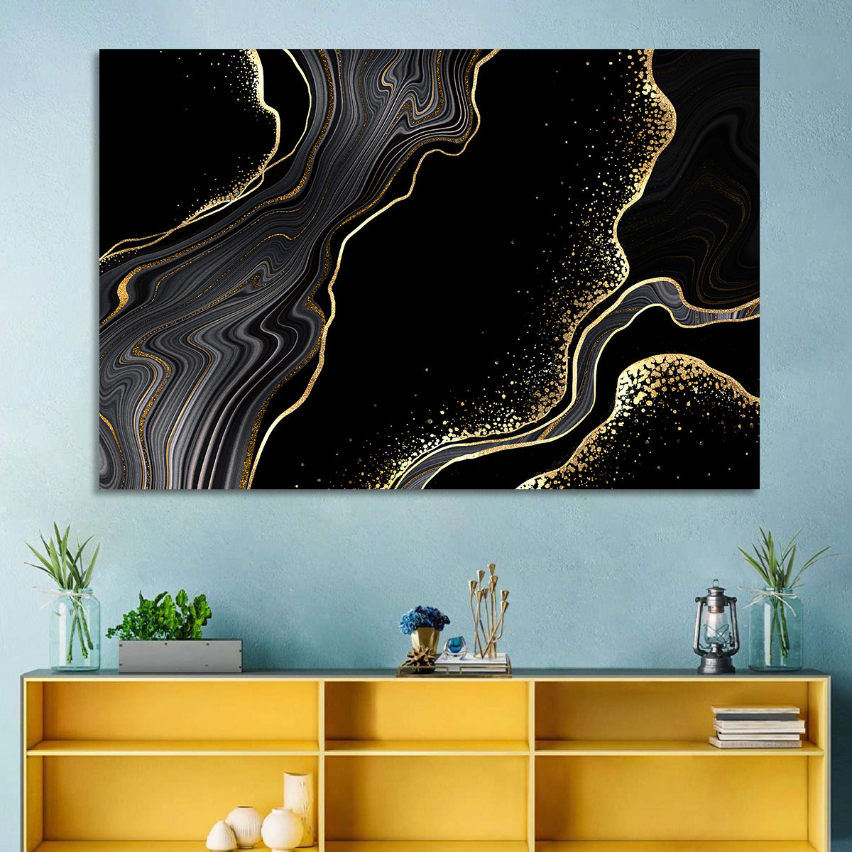 Black Marble with Gold Veins Wall Art in a room, landscape