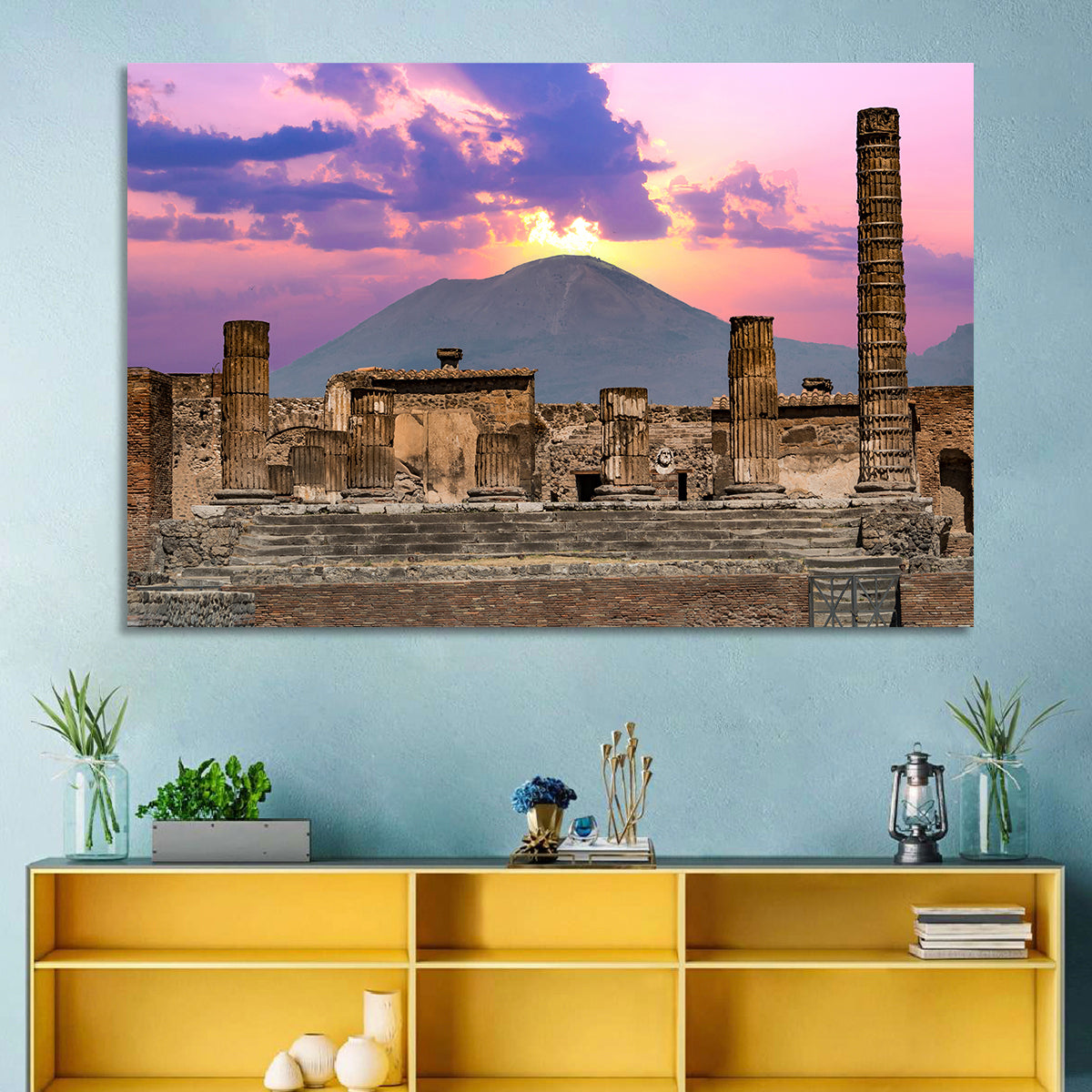 Pompeii Columns at Sunset, Mount Vesuvius Wall Art in a room, landscape