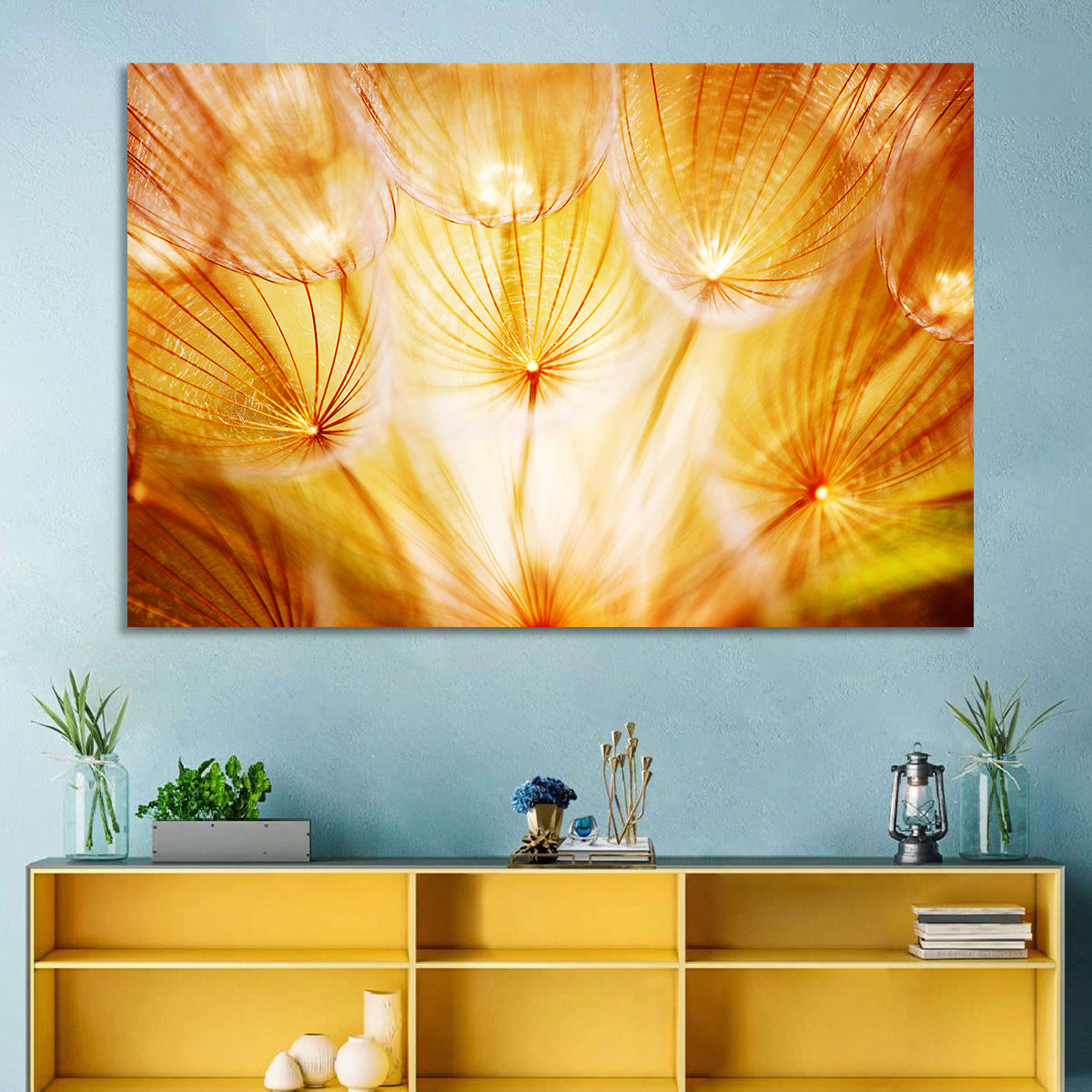 Golden Hour Dandelion Seed Macro Abstract Wall Art in a room, landscape