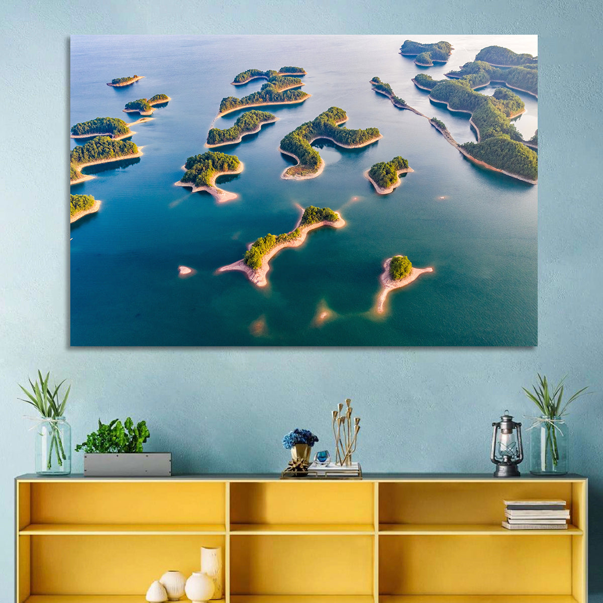 Qiandao Lake Aerial View Wall Art in a room, landscape