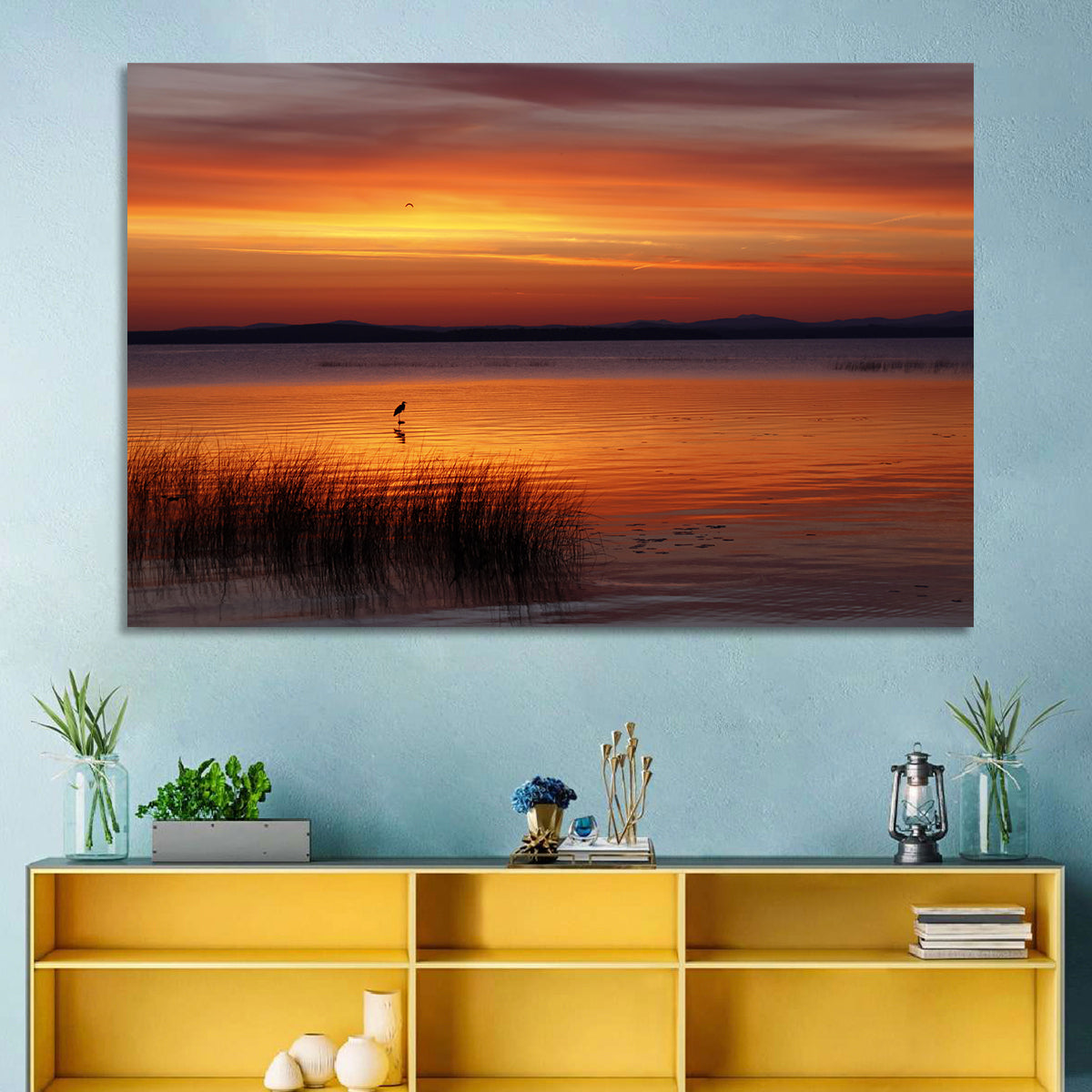 Lake Champlain Sunrise with Heron Wall Art in a room, landscape