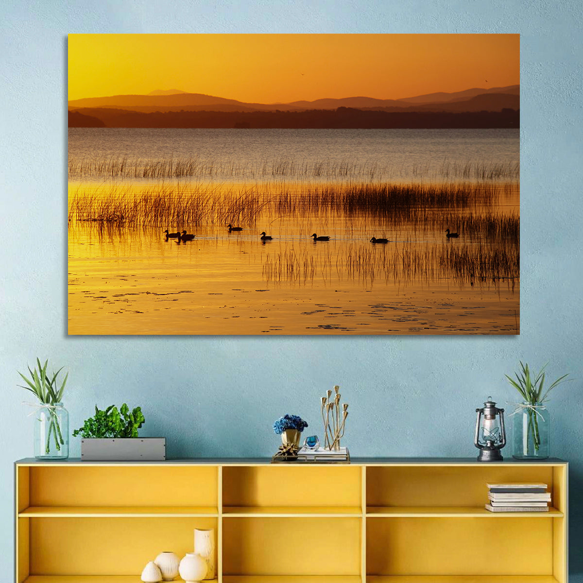 Lake Champlain Golden Sunrise Wall Art in a room, landscape