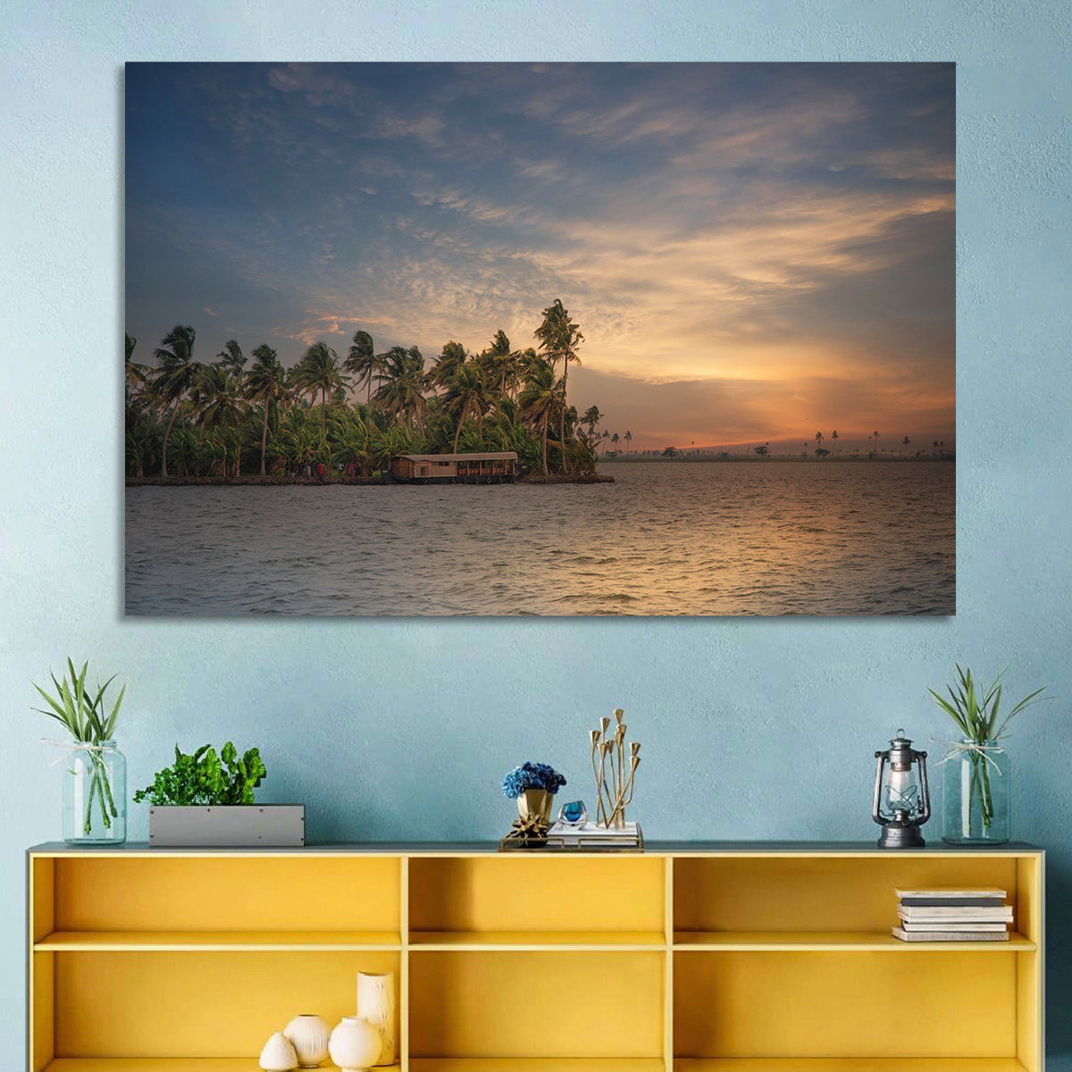 Vembanad Lake Sunset Wall Art in a room, landscape