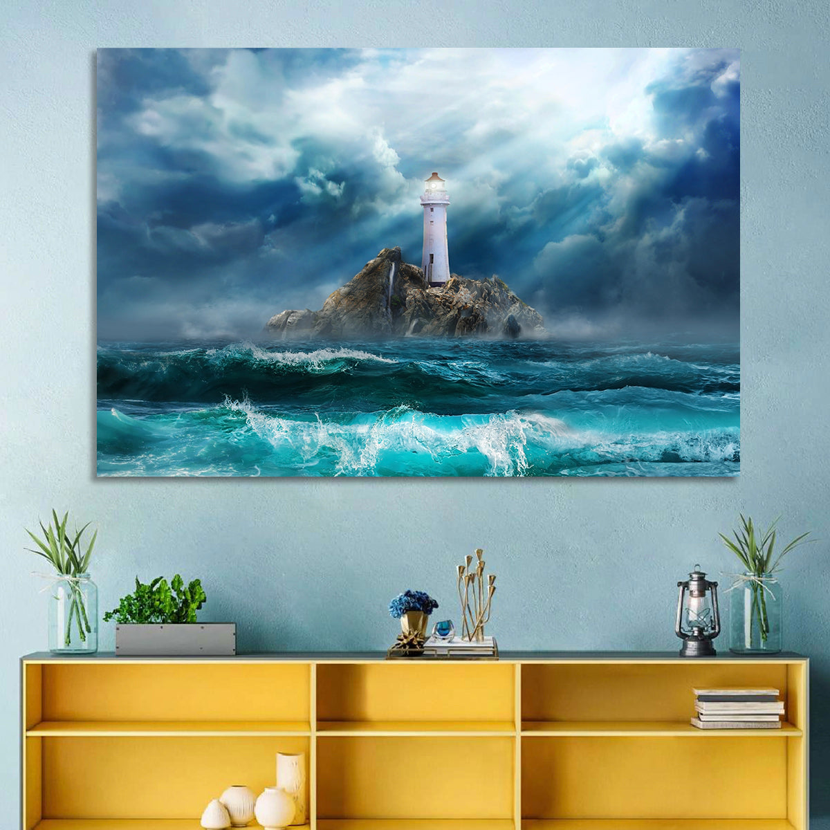 Rocky Island Lighthouse Wall Art in a room, landscape