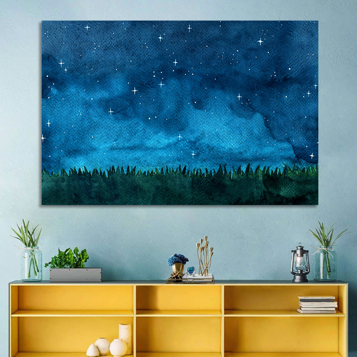 Starry Meadow Nightscape Wall Art in a room, landscape