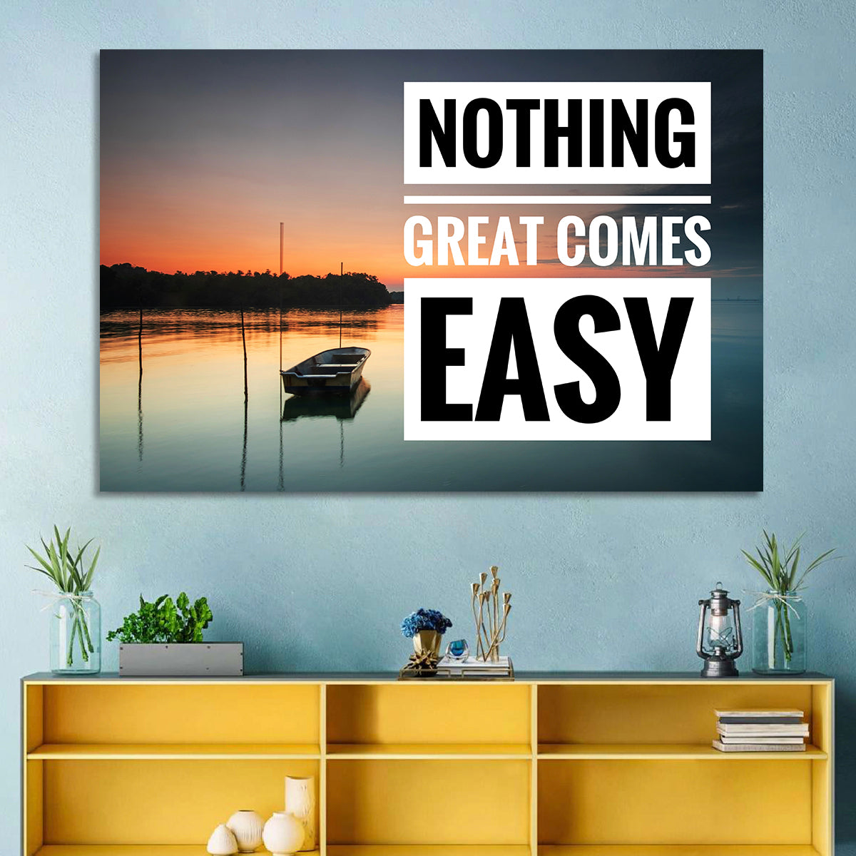 Nothing Great Comes Easy, Boat at Sunrise Wall Art in a room, landscape