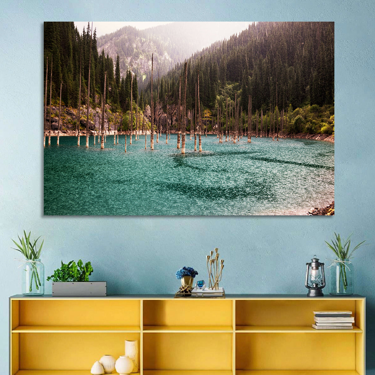 Kaindy Lake Submerged Spruces Wall Art in a room, landscape