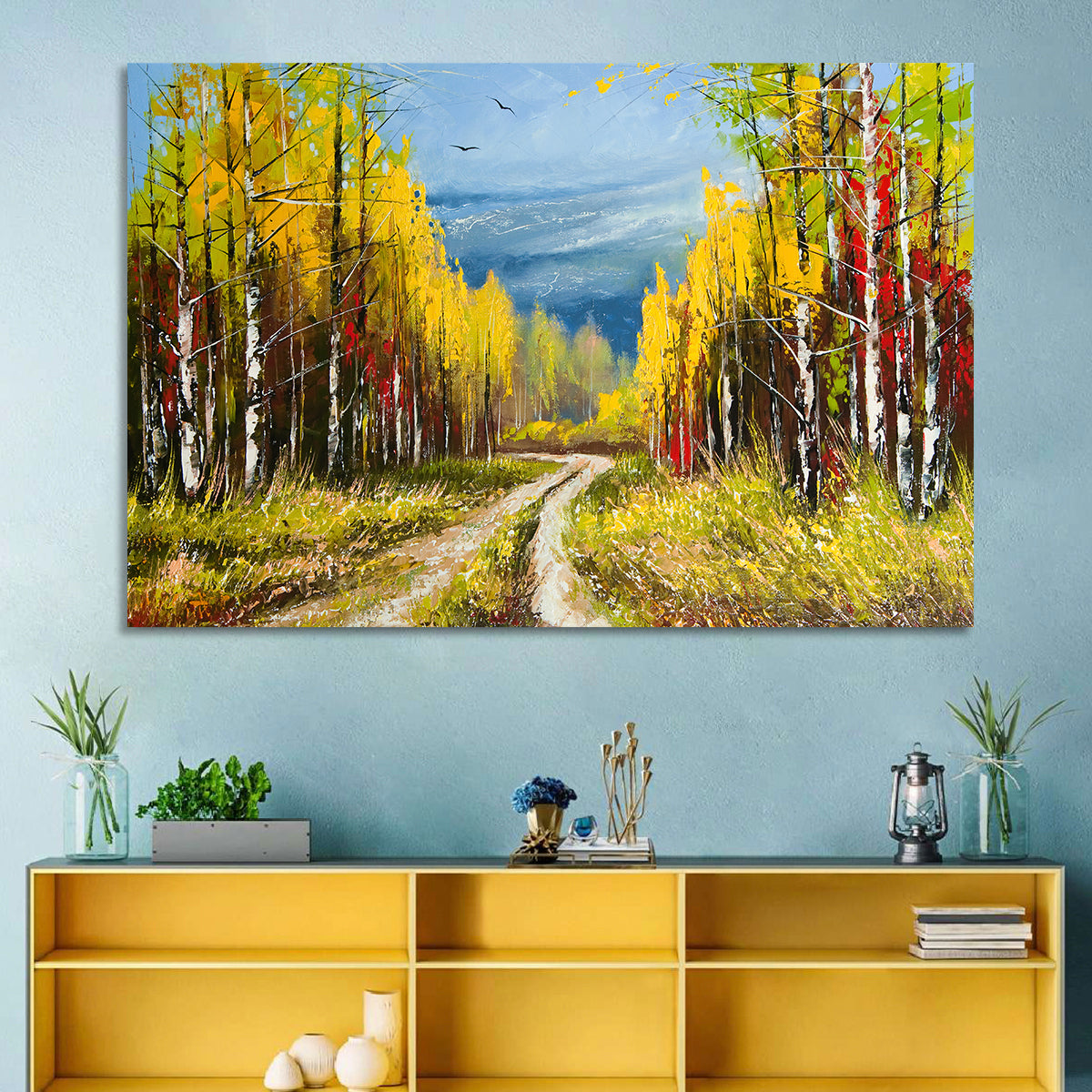 Autumn Birch Path with Two Birds Wall Art