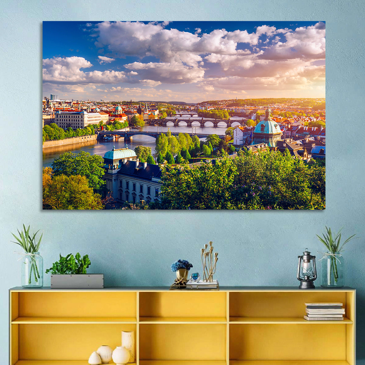 Prague Golden Hour Over Charles Bridge Wall Art in a room, landscape