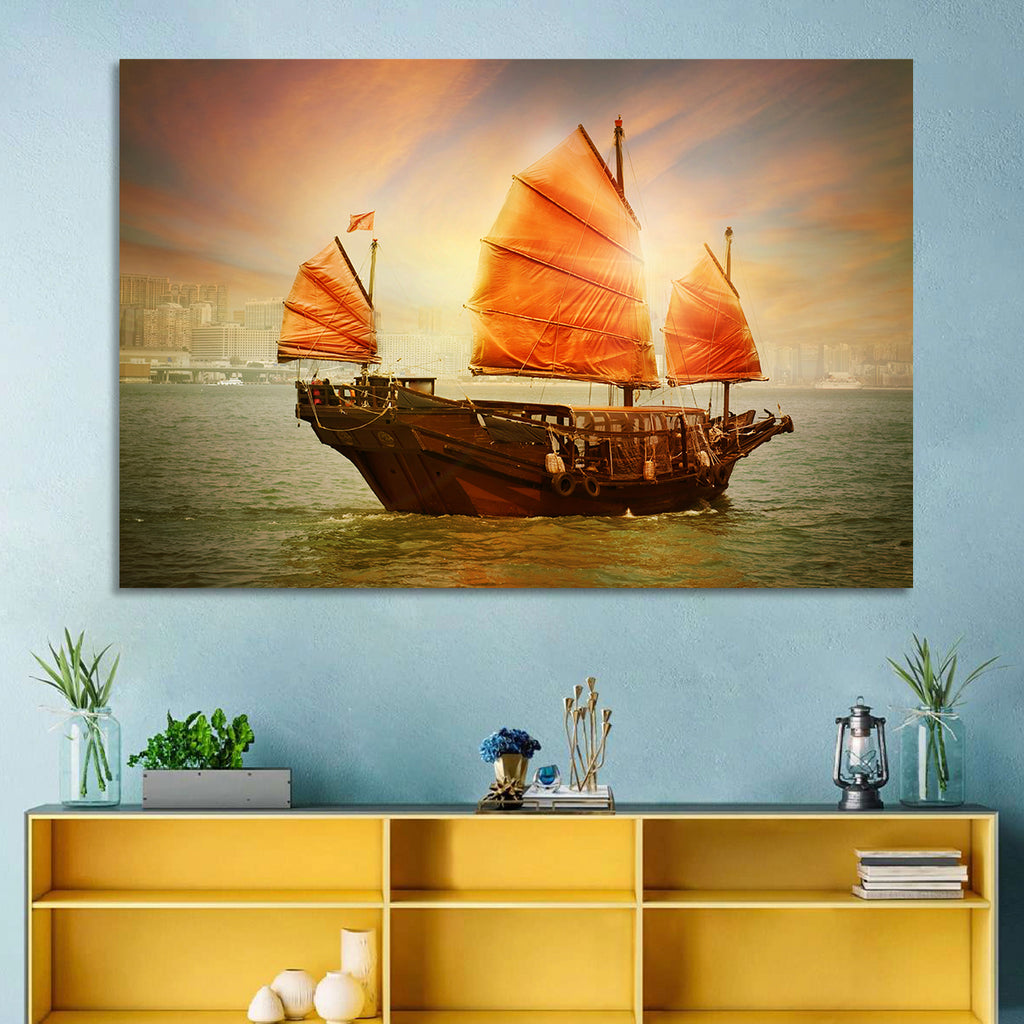 Red Sailed Junk at Victoria Harbour Wall Art