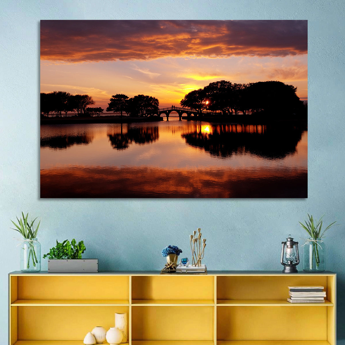 Tranquility Bridge at Sunset Wall Art in a room, landscape