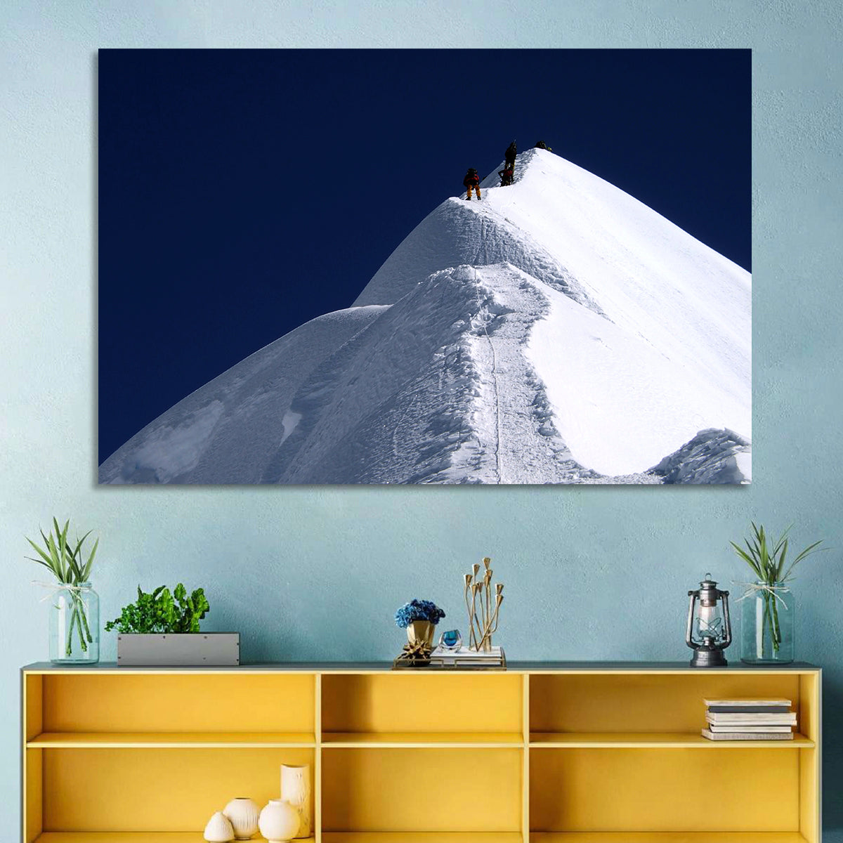Climbers on a Snowy Himalayan Peak Wall Art in a room, landscape