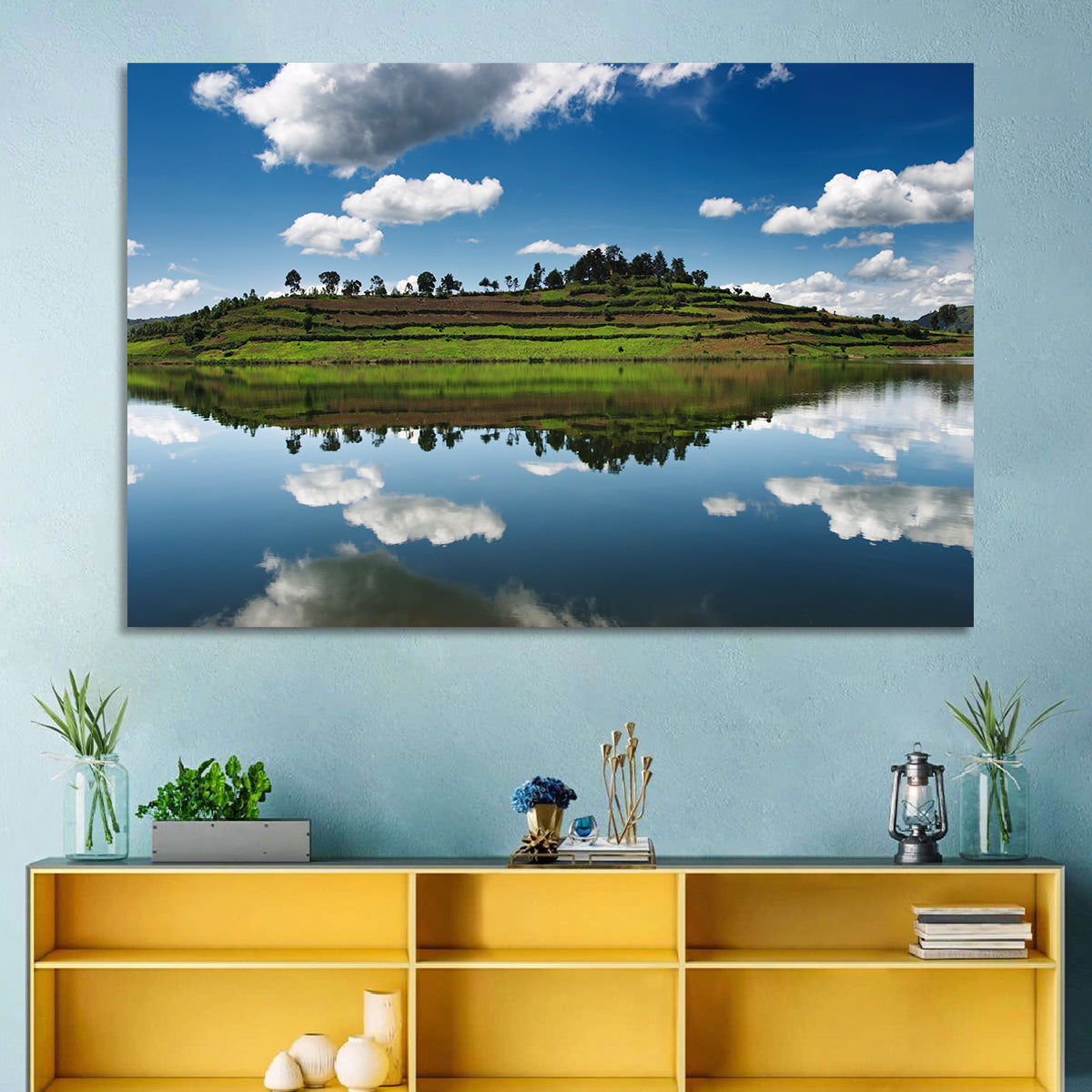 Bunyonyi Lake Reflection Wall Art in a room, landscape