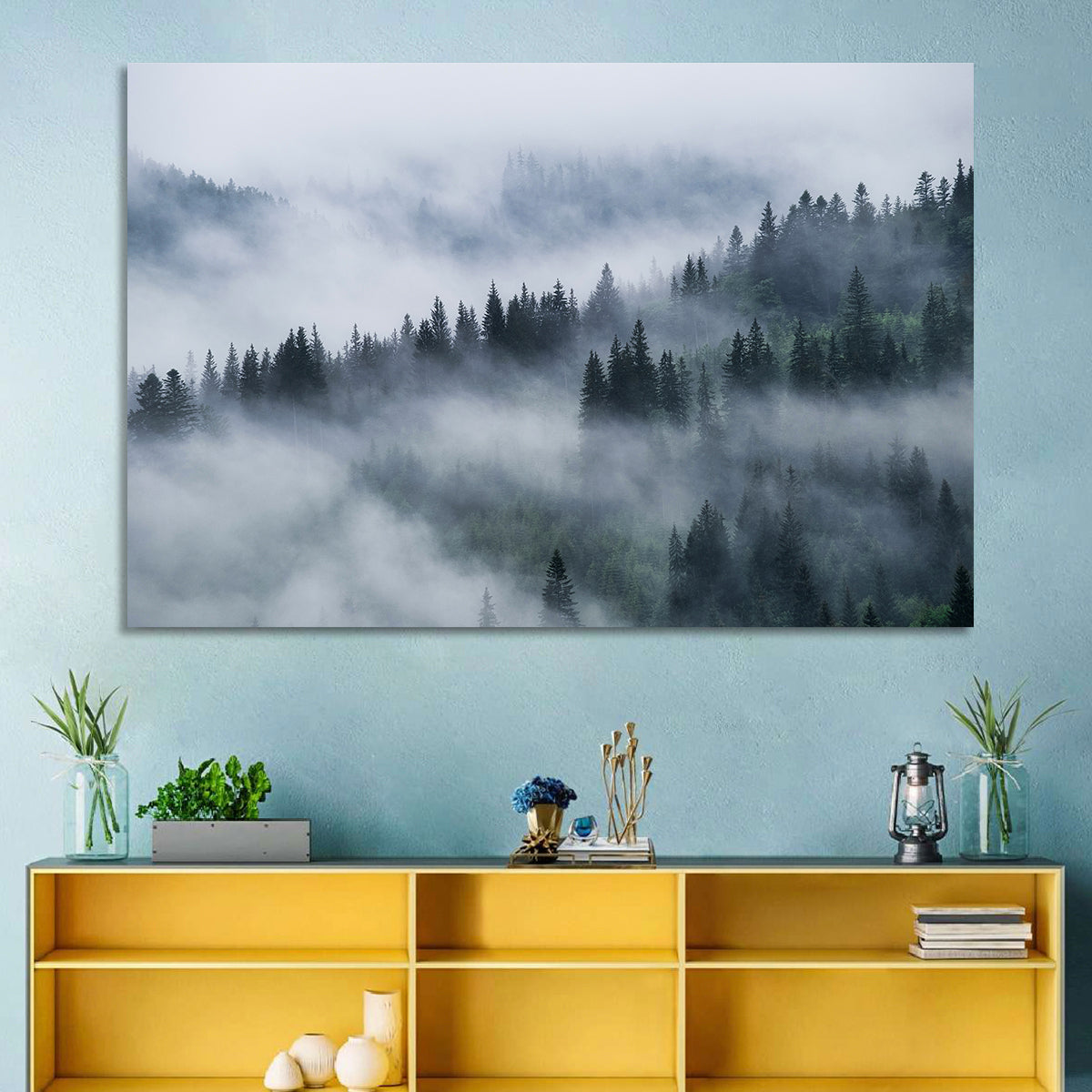 Misty Mountain Pine Forest Wall Art in a room, landscape