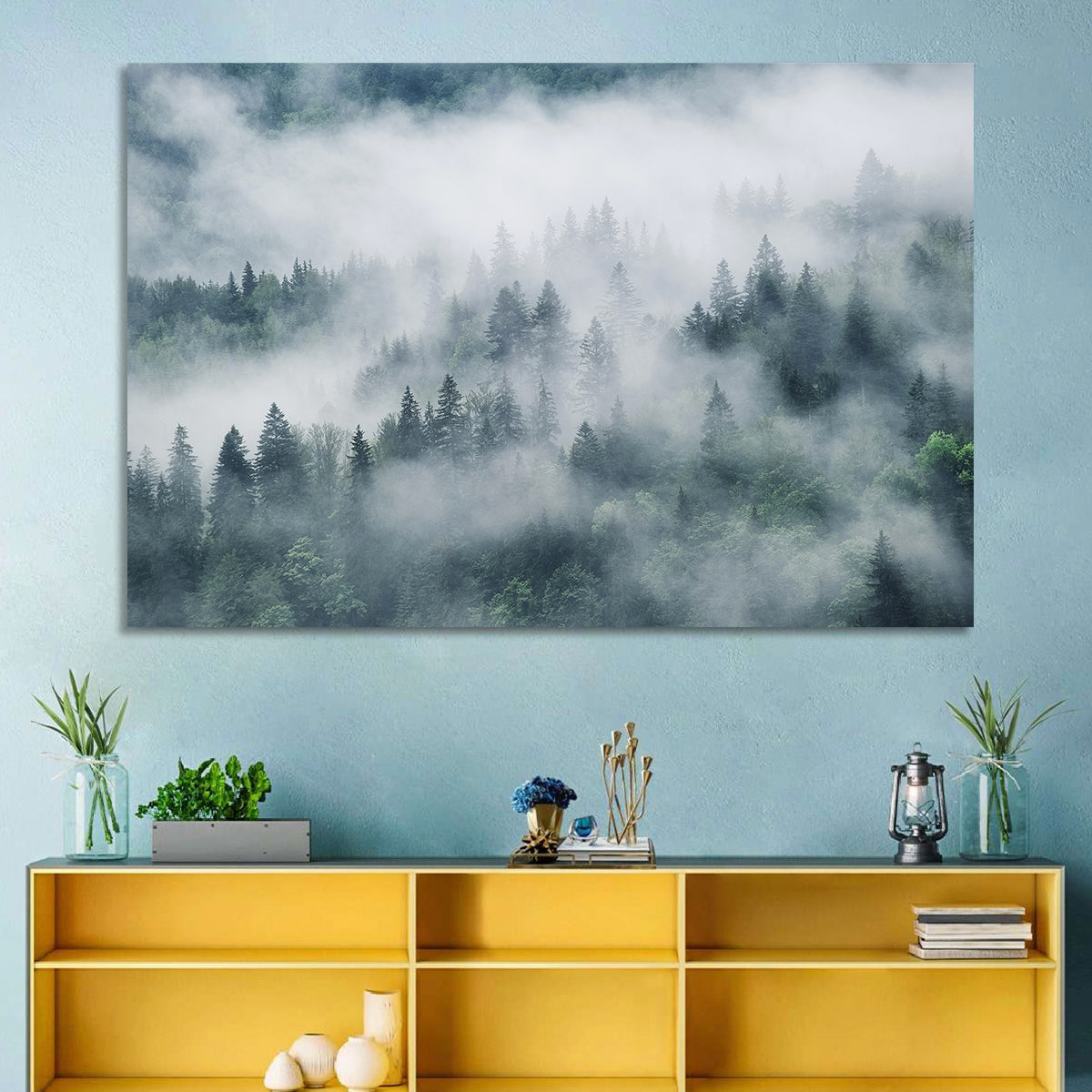 Misty Mountain Forest Wall Art in a room, landscape