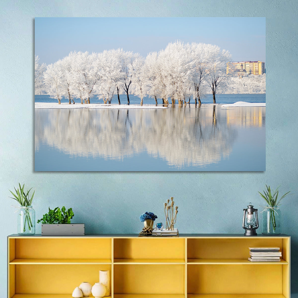 Winter Lake Reflection Wall Art in a room, landscape