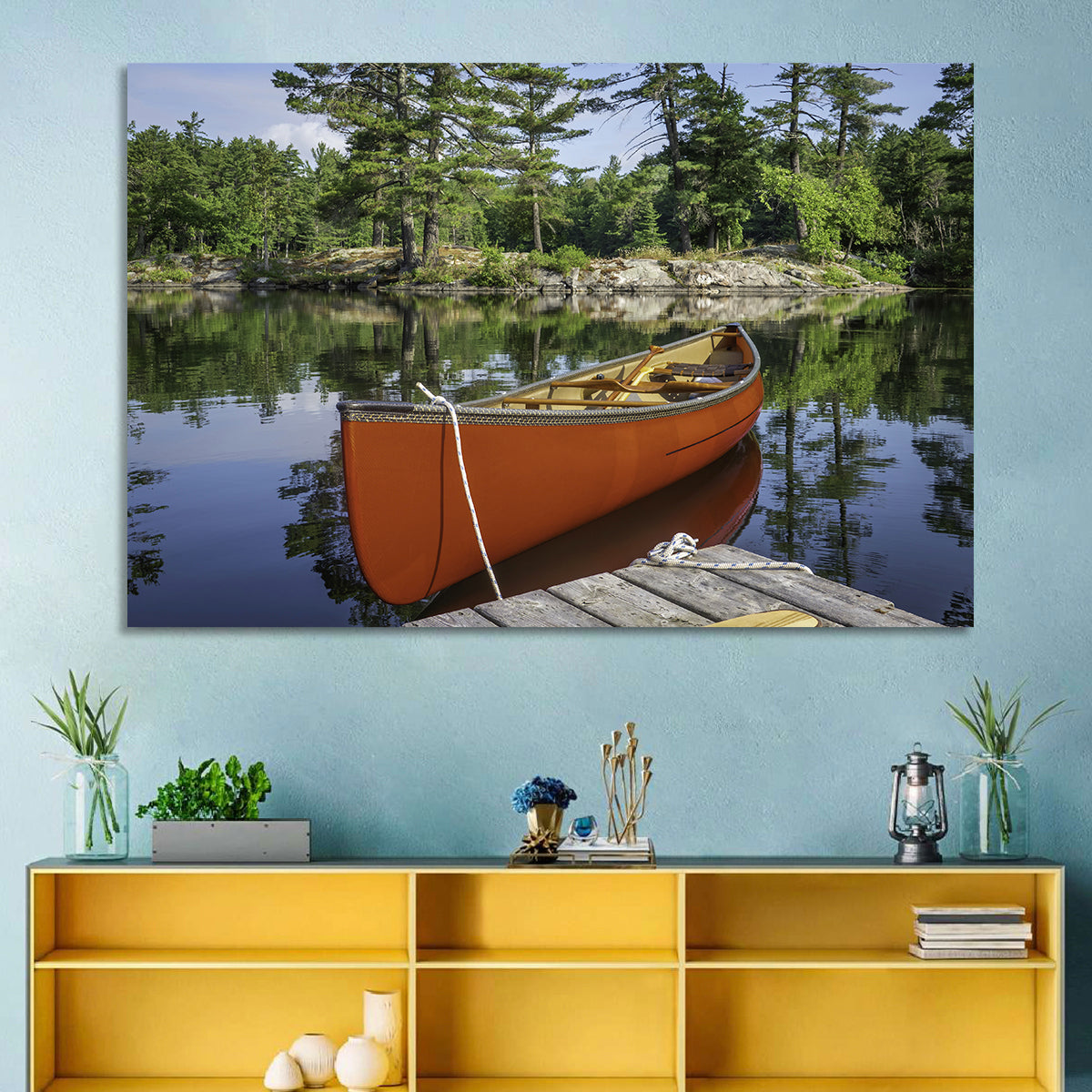 Orange Canoe on Ontario Lake Wall Art in a room, landscape