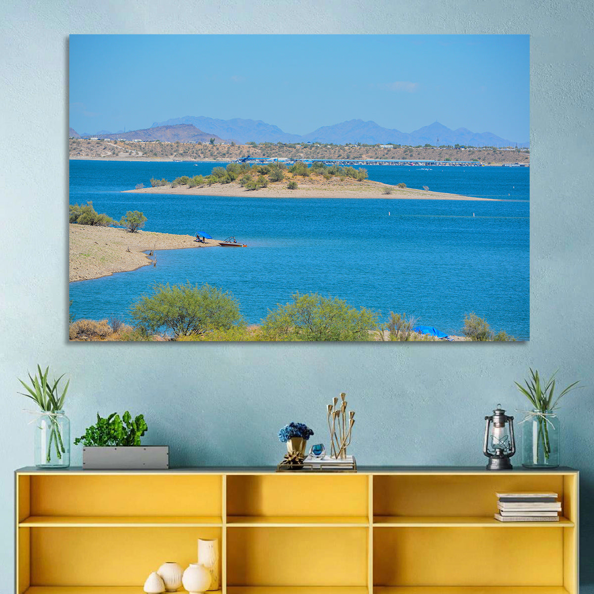 Lake Pleasant Shoreline with Boat Wall Art in a room, landscape