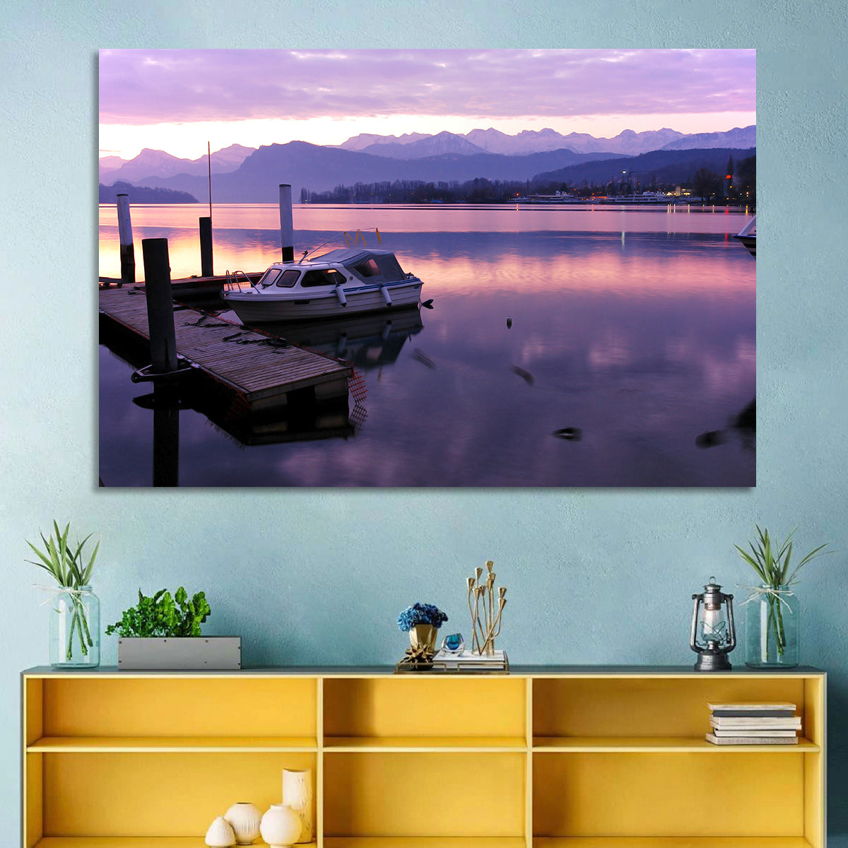 Lake Lucerne Pier at Dusk Wall Art in a room, landscape