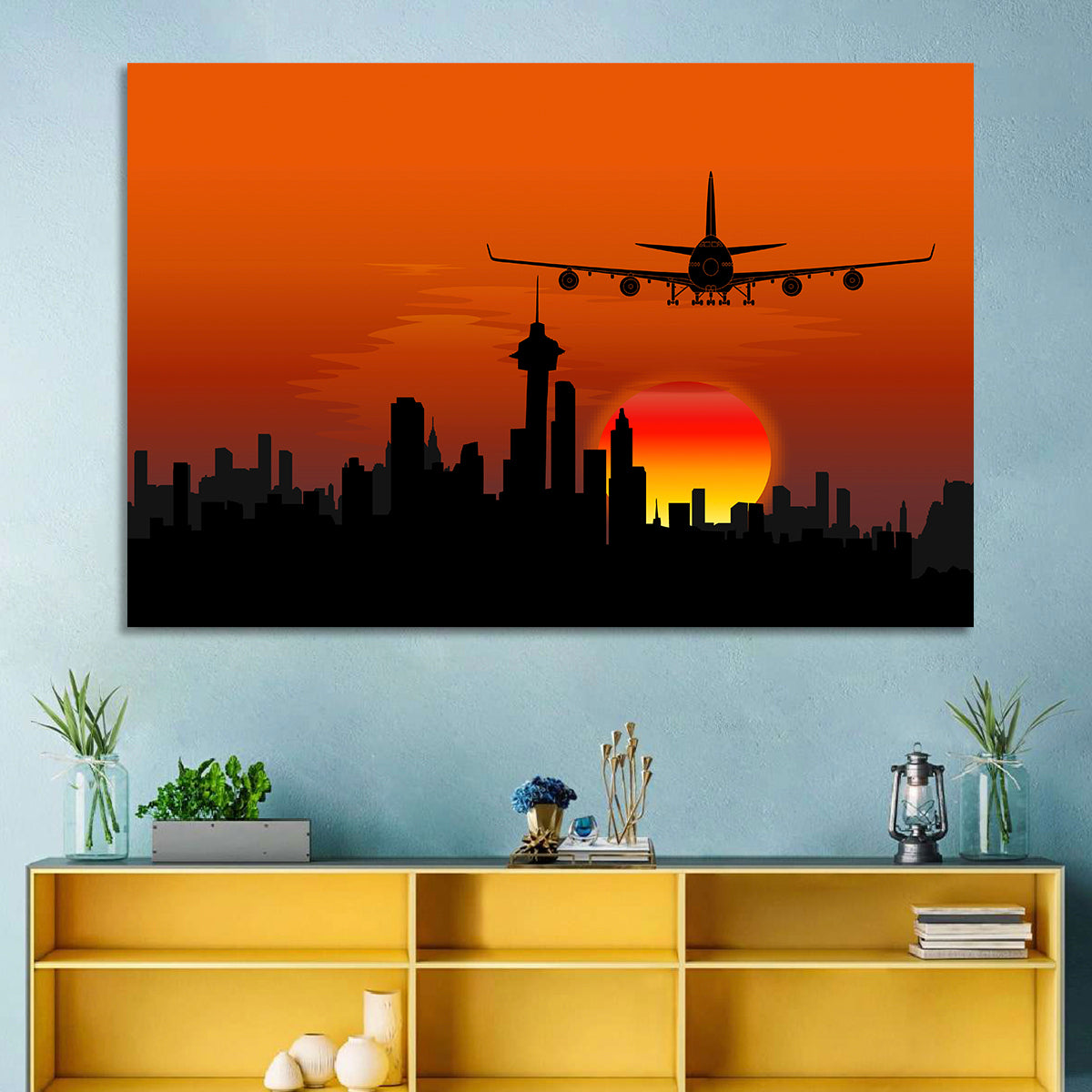 Approaching Jet Over Sunset Skyline Wall Art in a room, landscape