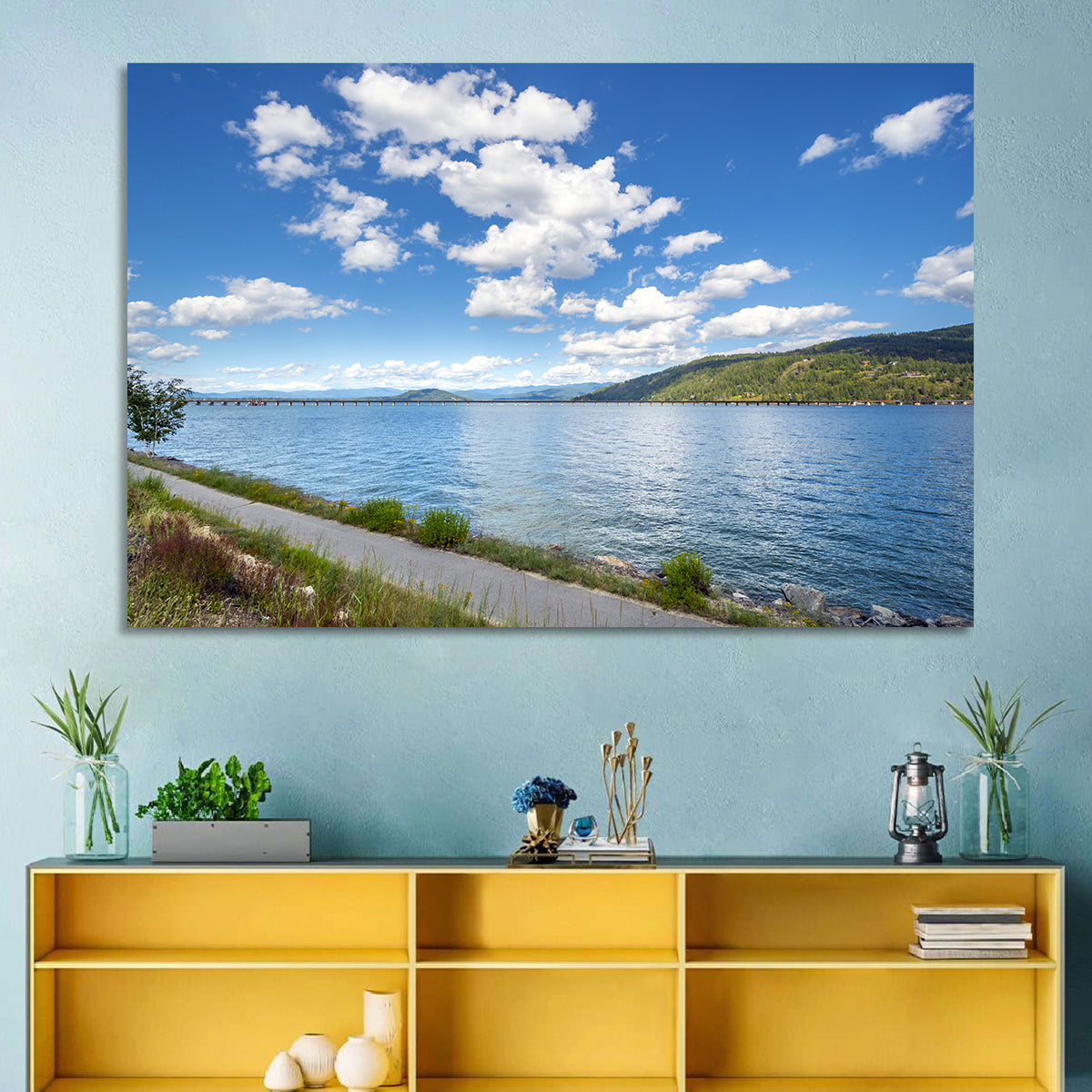 Lake Pend Oreille Bridge View Wall Art in a room, landscape