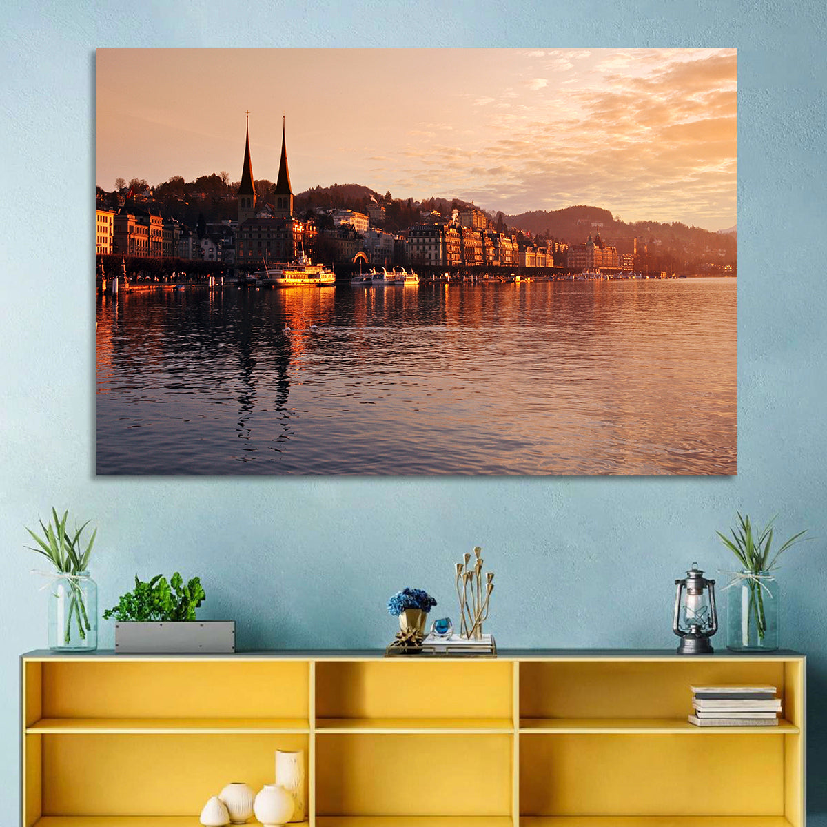 Lucerne Lake Sunset Skyline Wall Art in a room, landscape