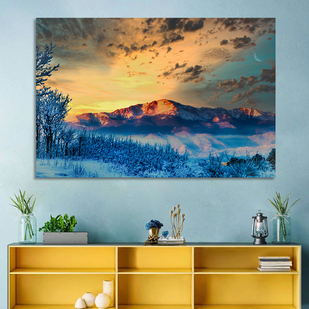 Pikes Peak Golden Sunset Wall Art in a room, landscape