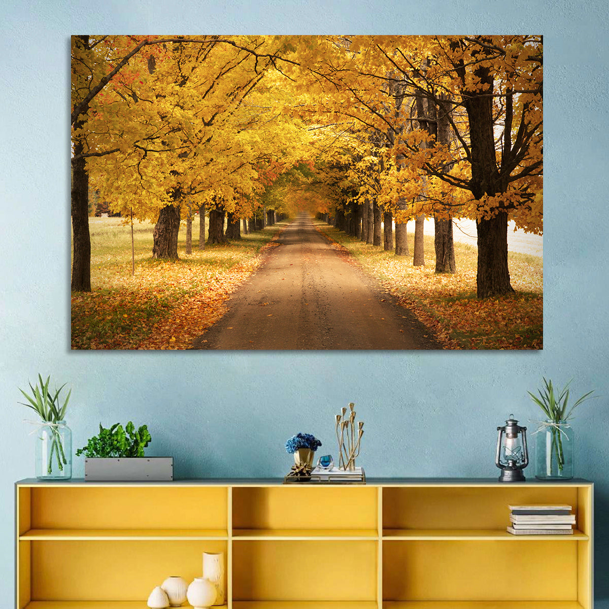 Golden Autumn Road Wall Art in a room, landscape
