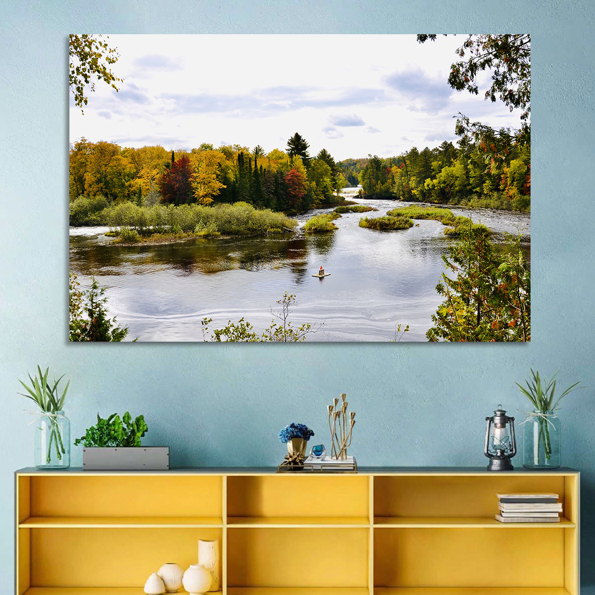 Tahquamenon River Autumn Scene Wall Art in a room, landscape