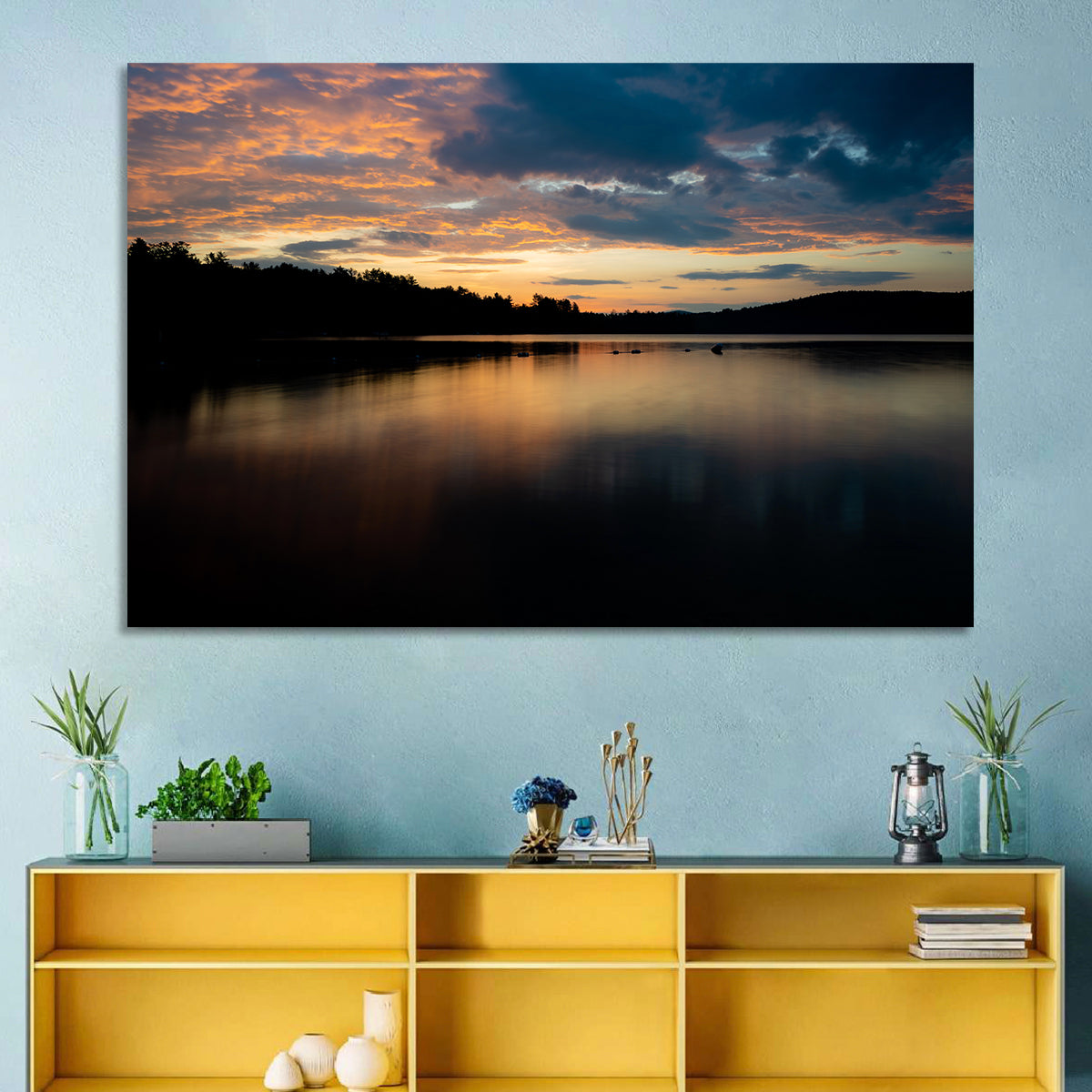 Lake Squam Sunrise Reflection Wall Art in a room, landscape