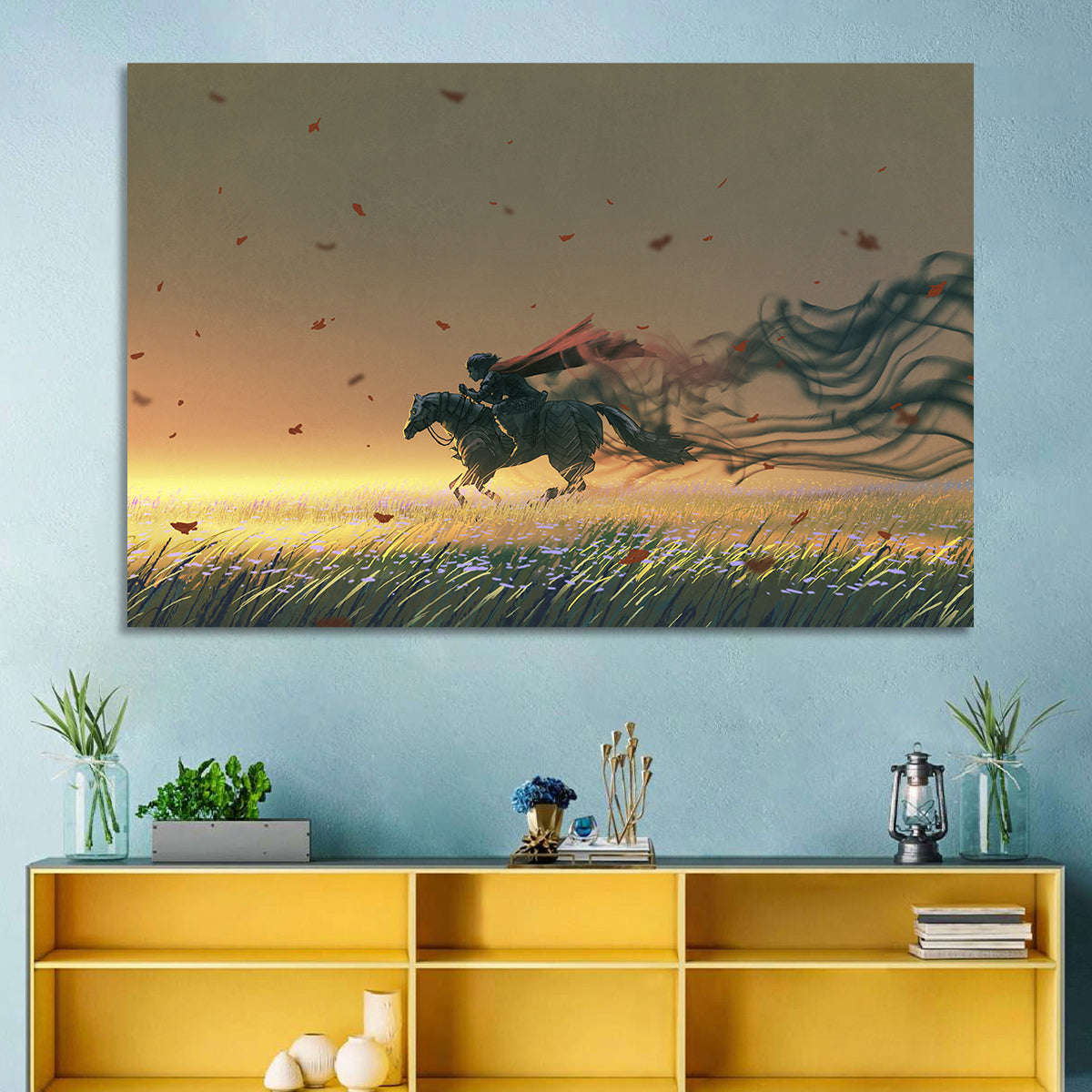 Unstoppable Knight with Red Cape Wall Art in a room, landscape