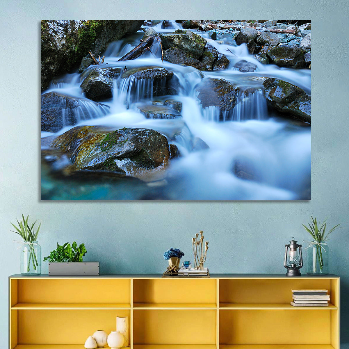 Mossy Rock Stream with Silky Waterfall Wall Art in a room, landscape