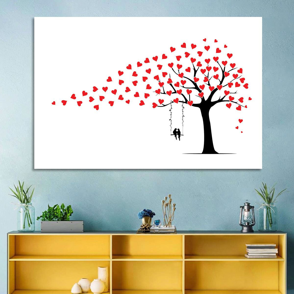 Heart Leaf Tree Silhouette Wall Art in a room, landscape