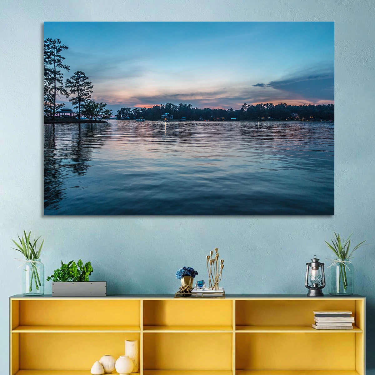 Lake Wateree Twilight Reflection Wall Art in a room, landscape