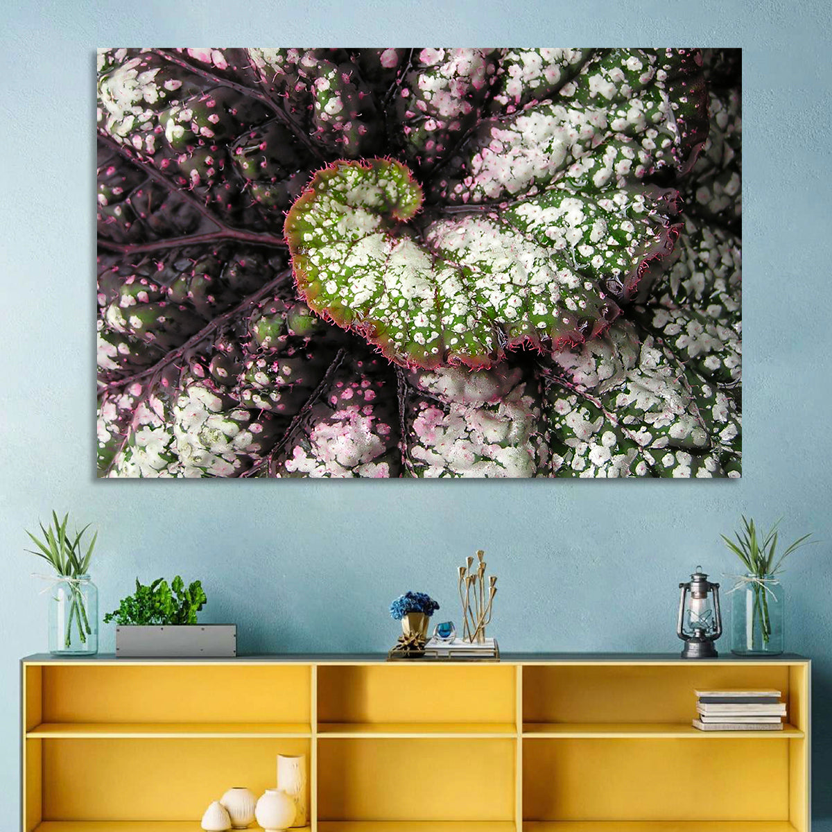 Begonia Leaf Spiral Geometry Wall Art in a room, landscape