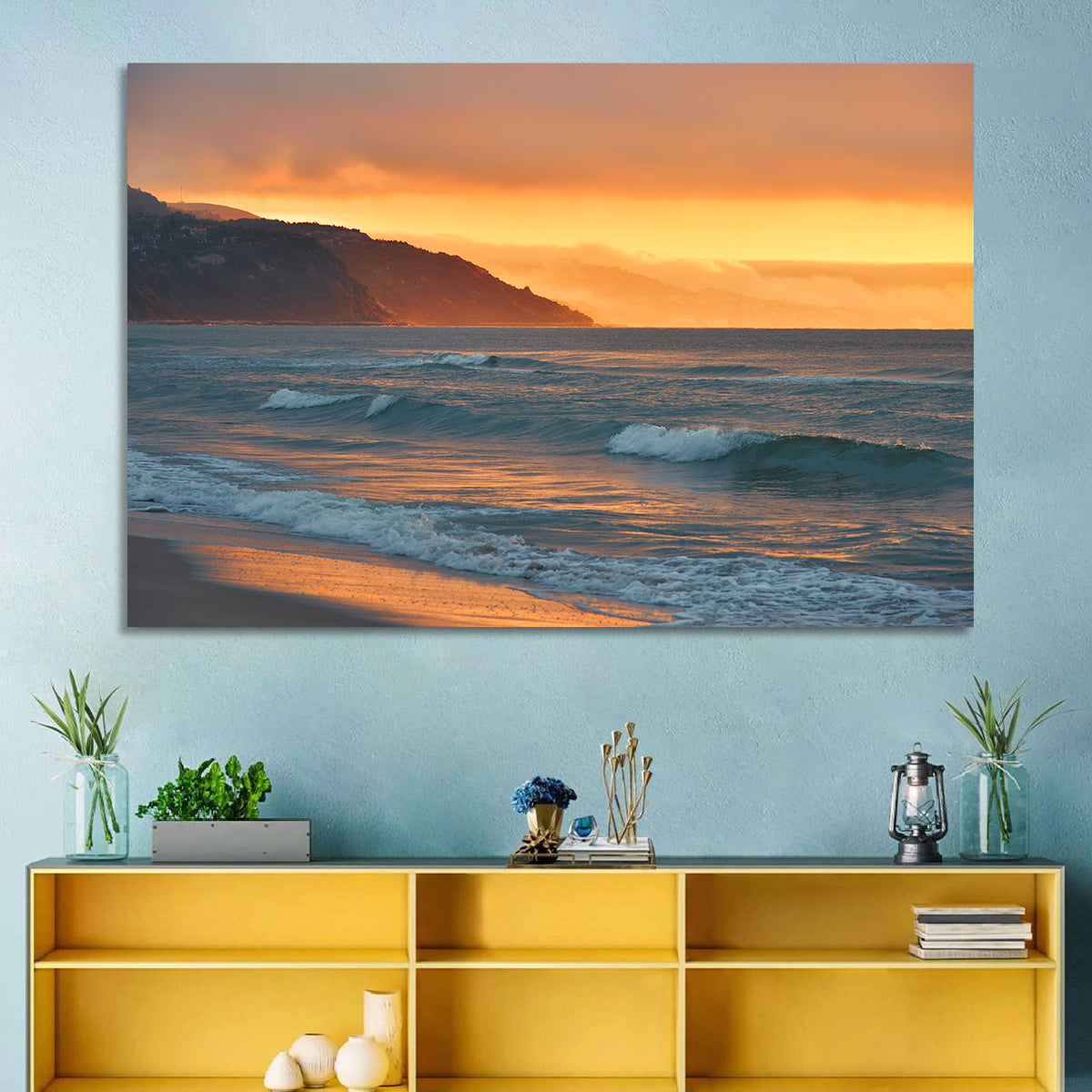 Cliffside Sunset Over Ocean Wall Art in a room, landscape