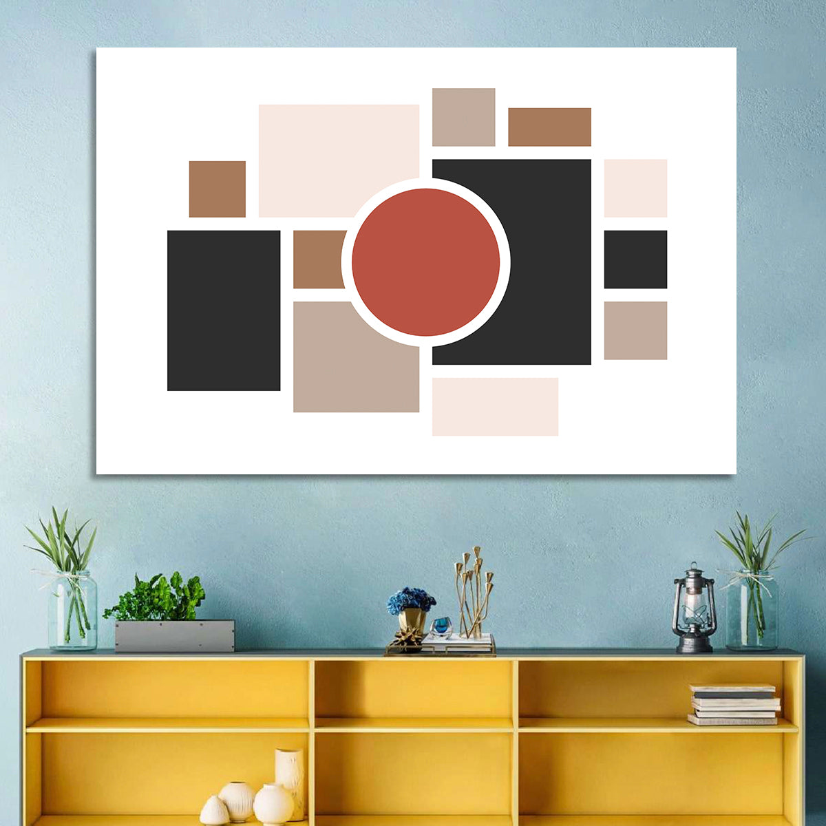 Terracotta Geometric Circle Composition Wall Art in a room, landscape