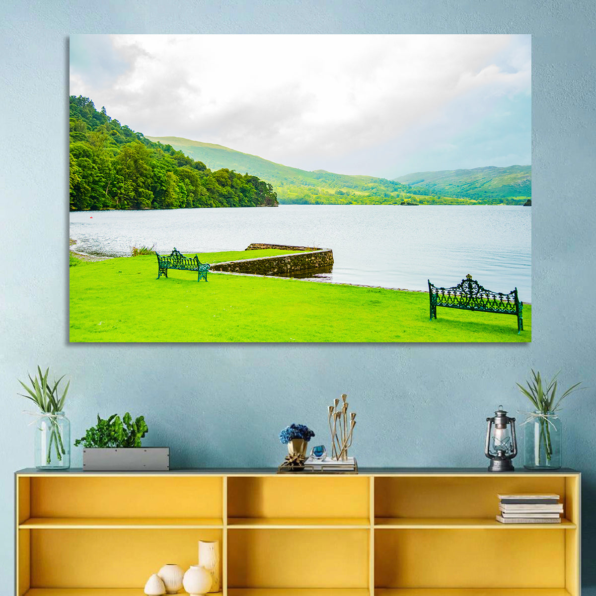 Ullswater Lakeside Benches Wall Art in a room, landscape