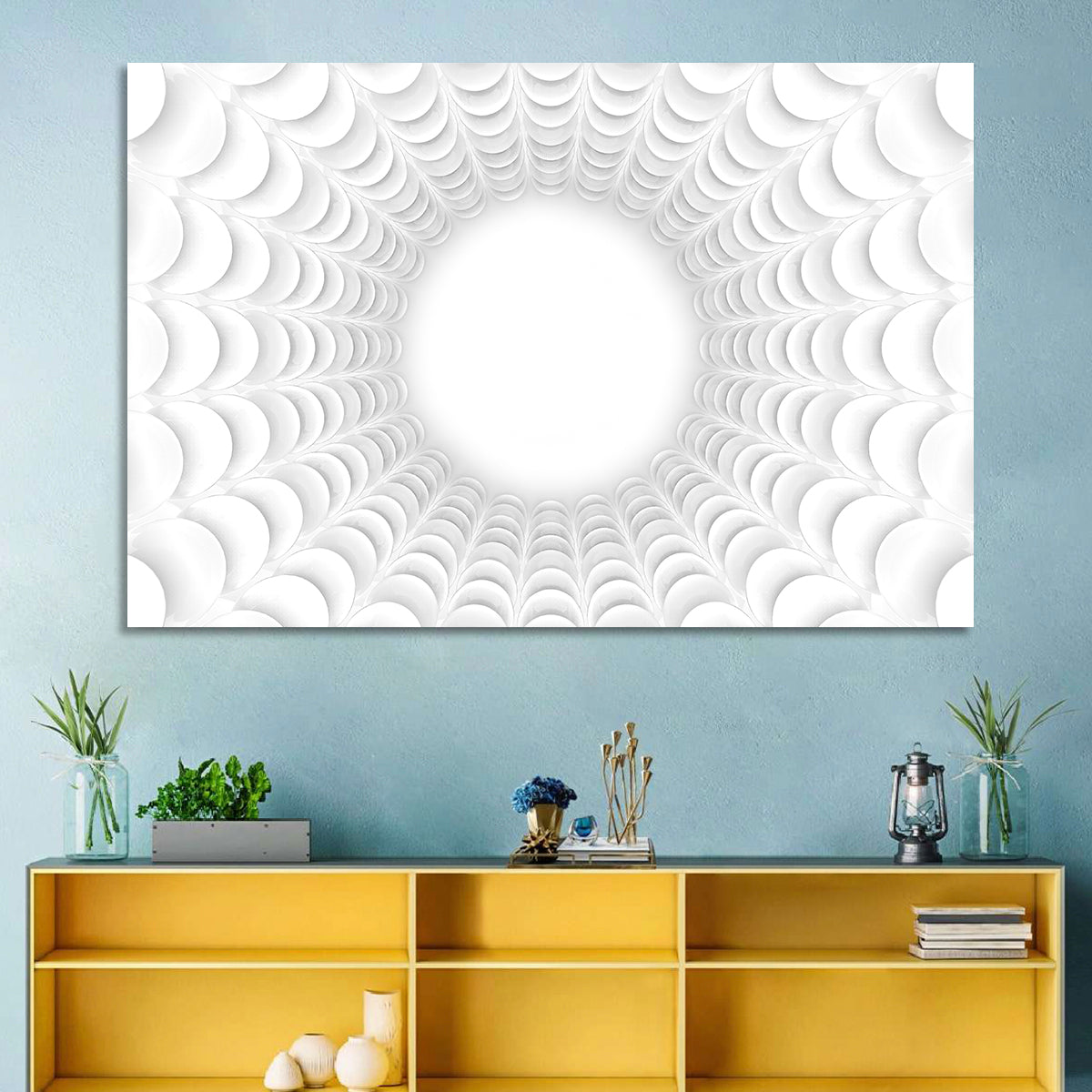 White Bubble Sphere Tunnel Wall Art in a room, landscape