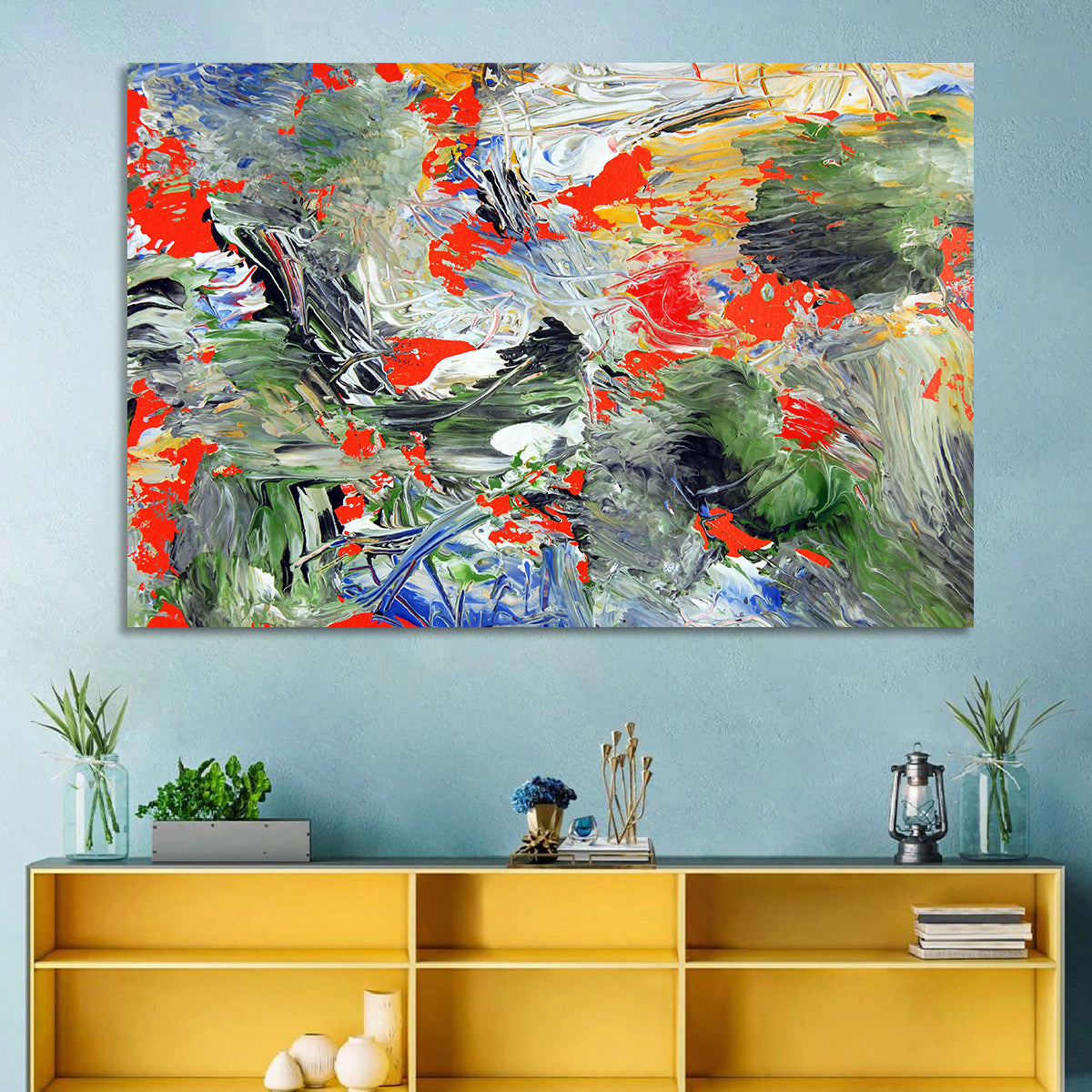Melting Green Impasto Abstract Wall Art in a room, landscape